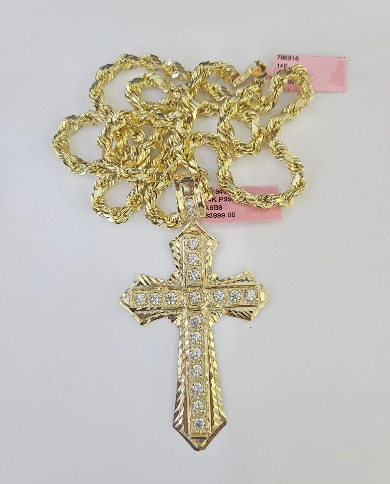 Real 14k Rope Chain Jesus Cross Charm Yellow Gold Set 5mm 20"-30" Necklace - Image 5