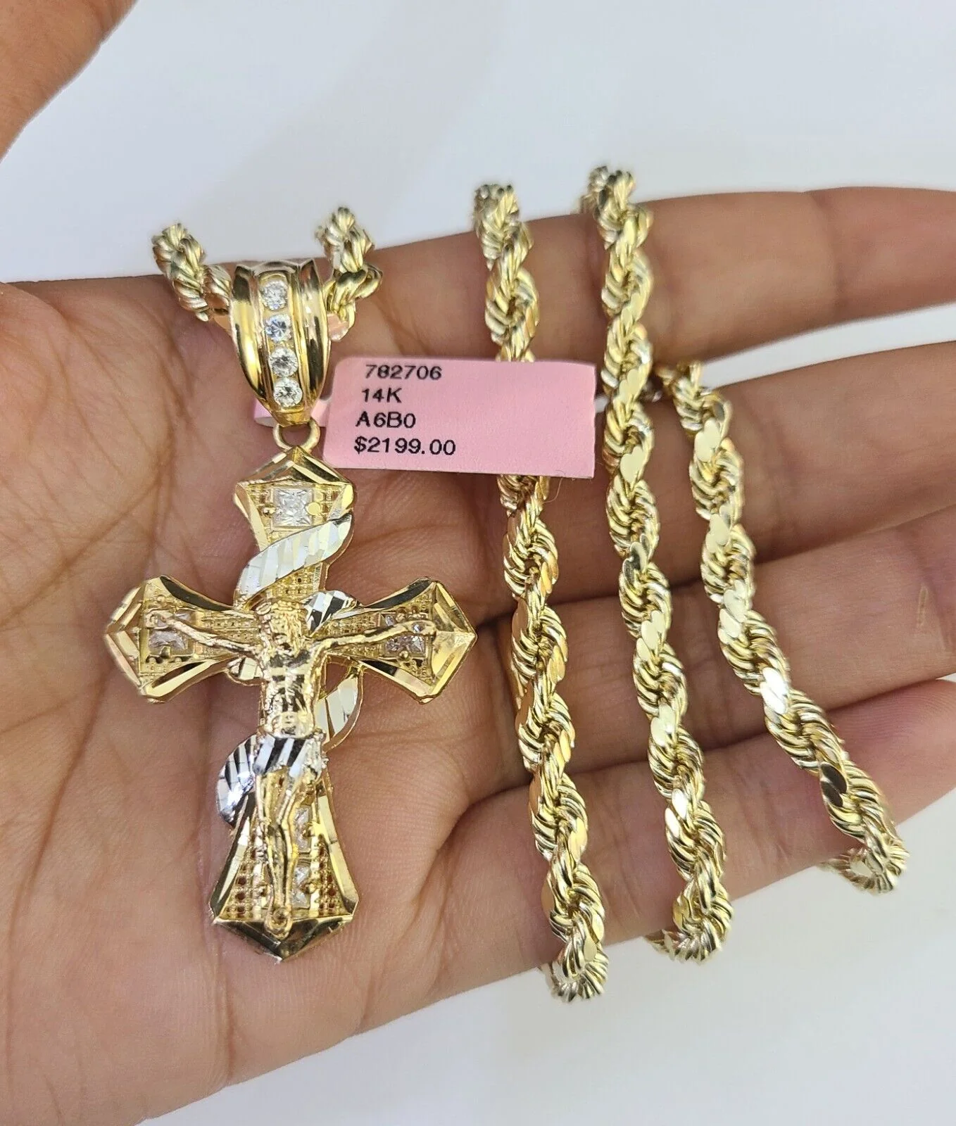 Real 14k Rope Chain Jesus Cross Charm Yellow Gold Set 5mm 20"-30" Necklace - Image 4