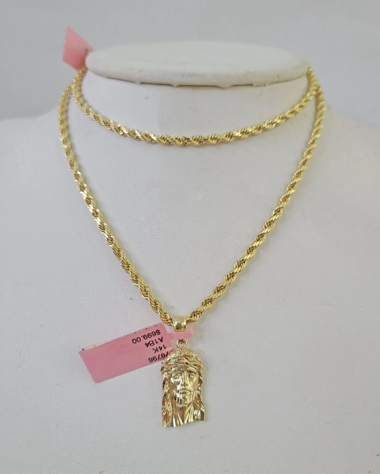 Real 14k Rope Chain Jesus Head Charm Set Yellow Gold 3mm 18-30" Necklace Pendant
