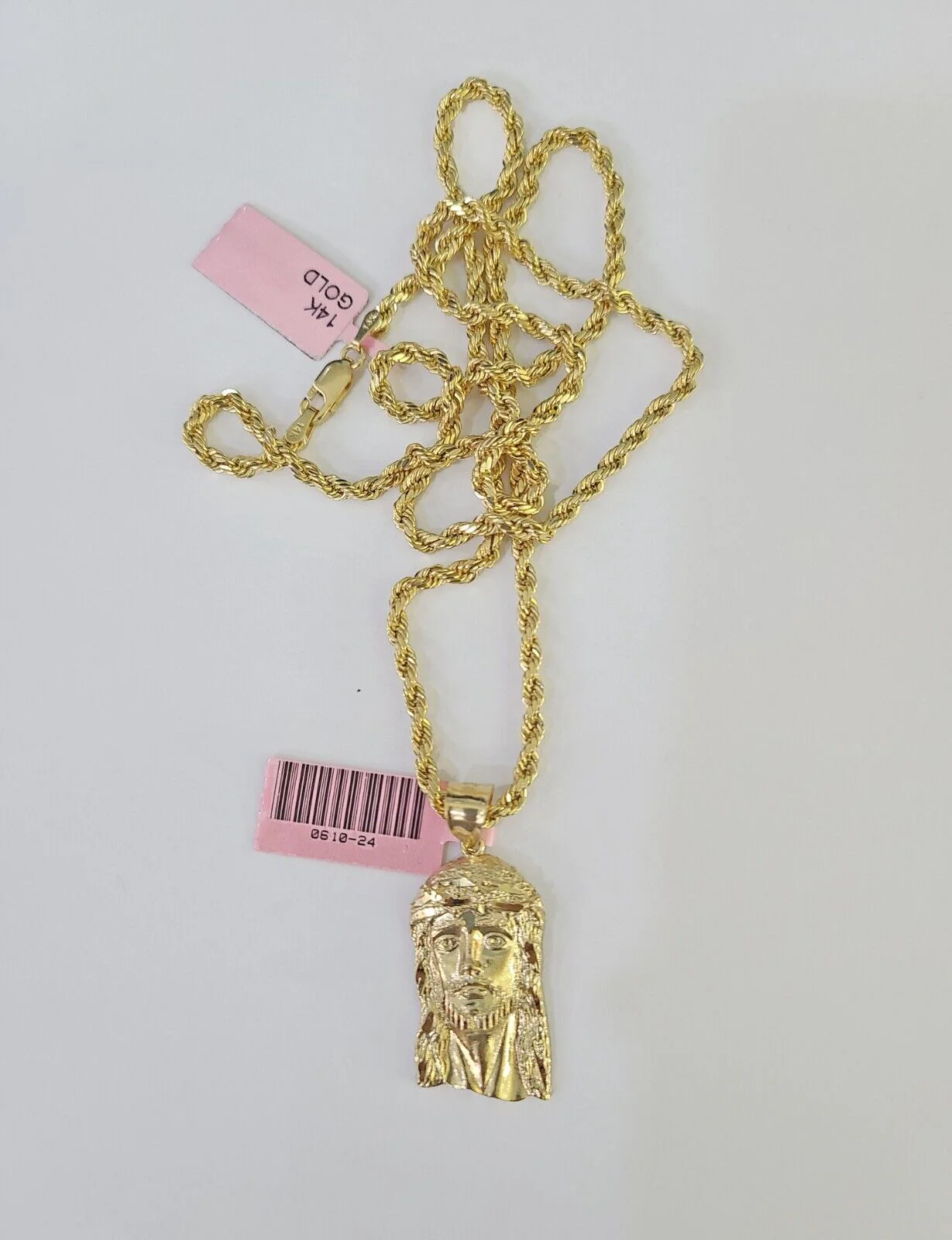 Real 14k Rope Chain Jesus Head Charm Set Yellow Gold 4mm 18-30" Necklace Pendant - Image 6