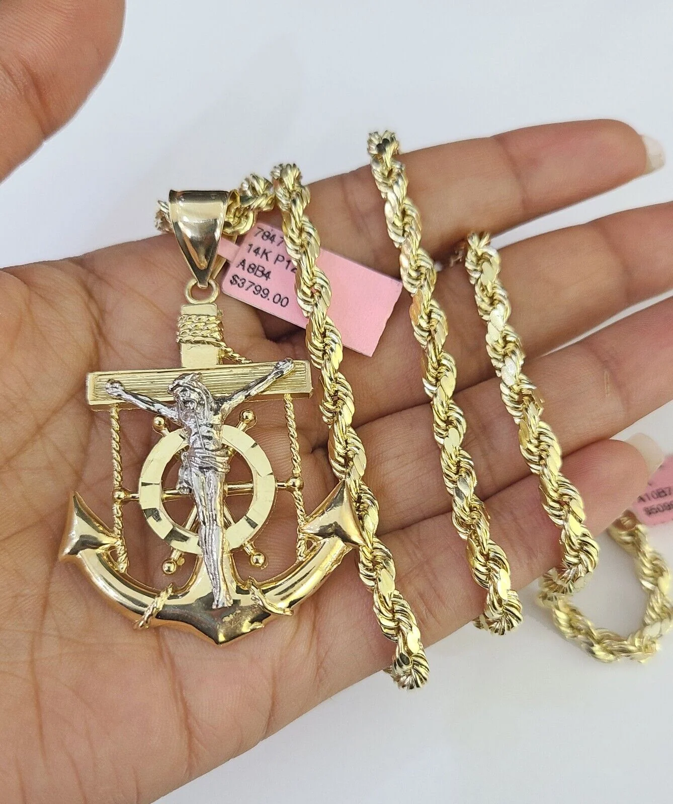 Real 14k Rope Chain Jesus Anchor Charm Yellow Gold Set 5mm 20"-30" Necklace - Image 3