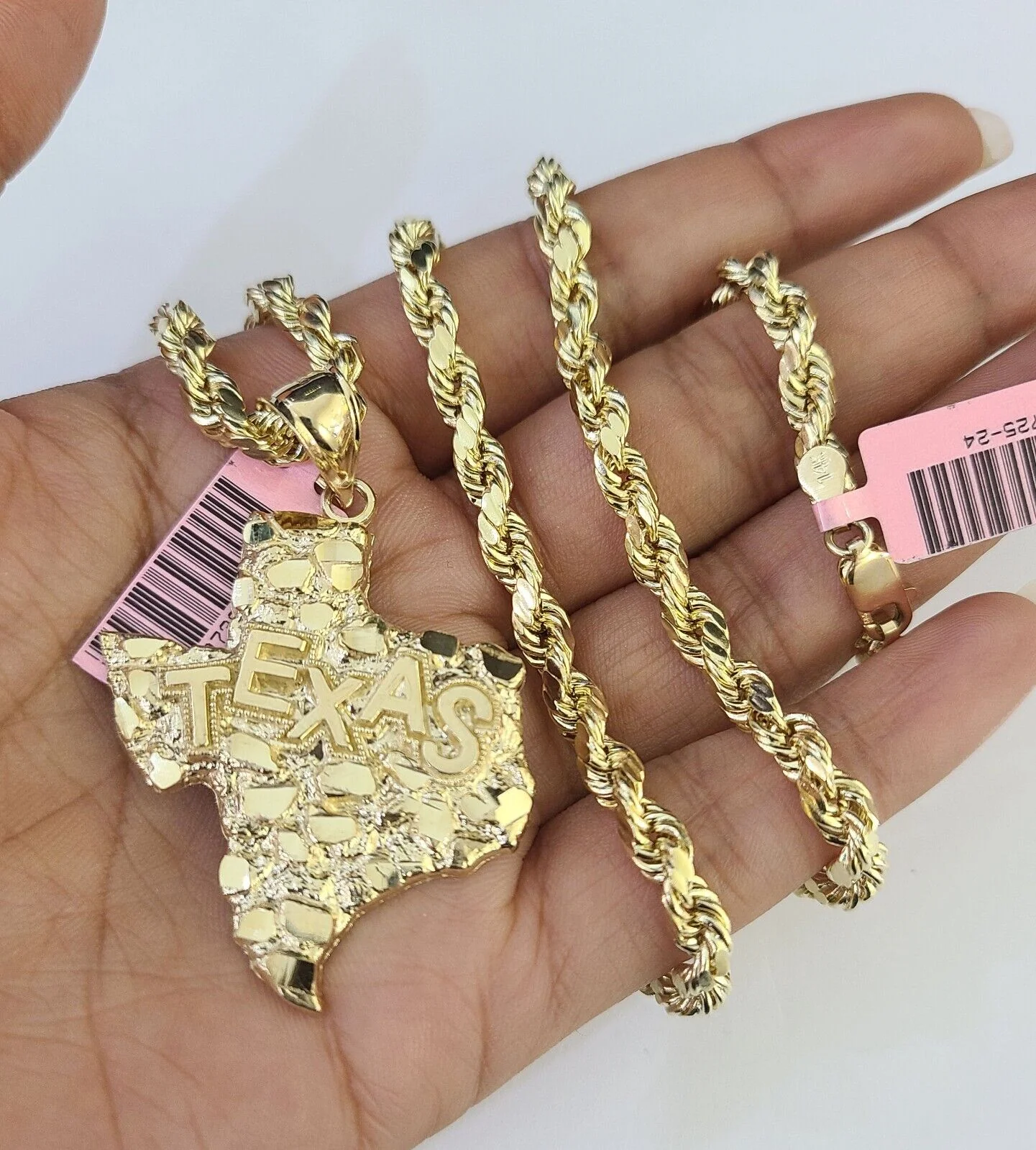 Real 14k Rope Chain Texas Map Charm Yellow Gold Set 5mm 20"-30" Necklace - Image 3