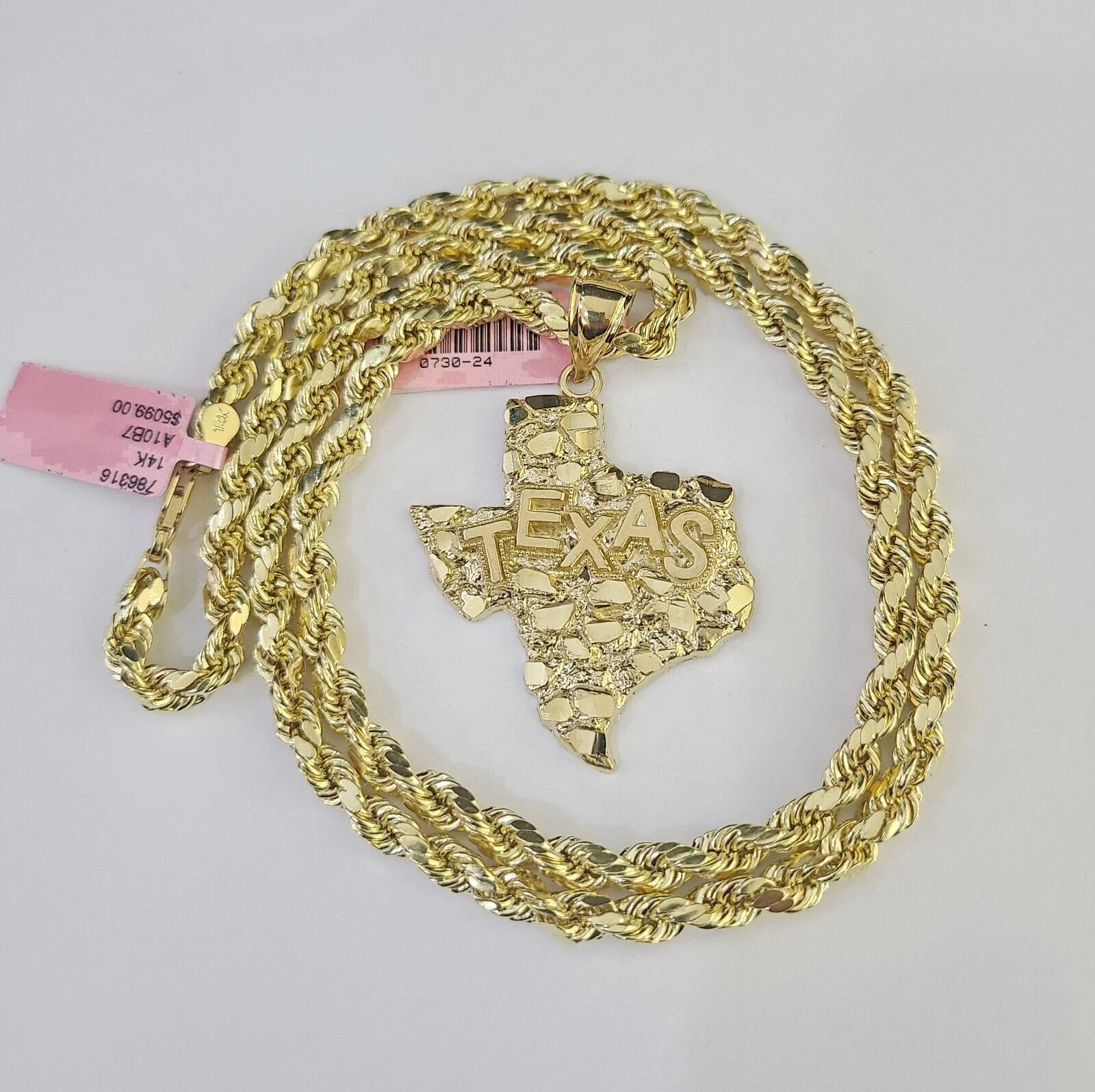 Real 14k Rope Chain Texas Map Charm Yellow Gold Set 5mm 20"-30" Necklace - Image 4