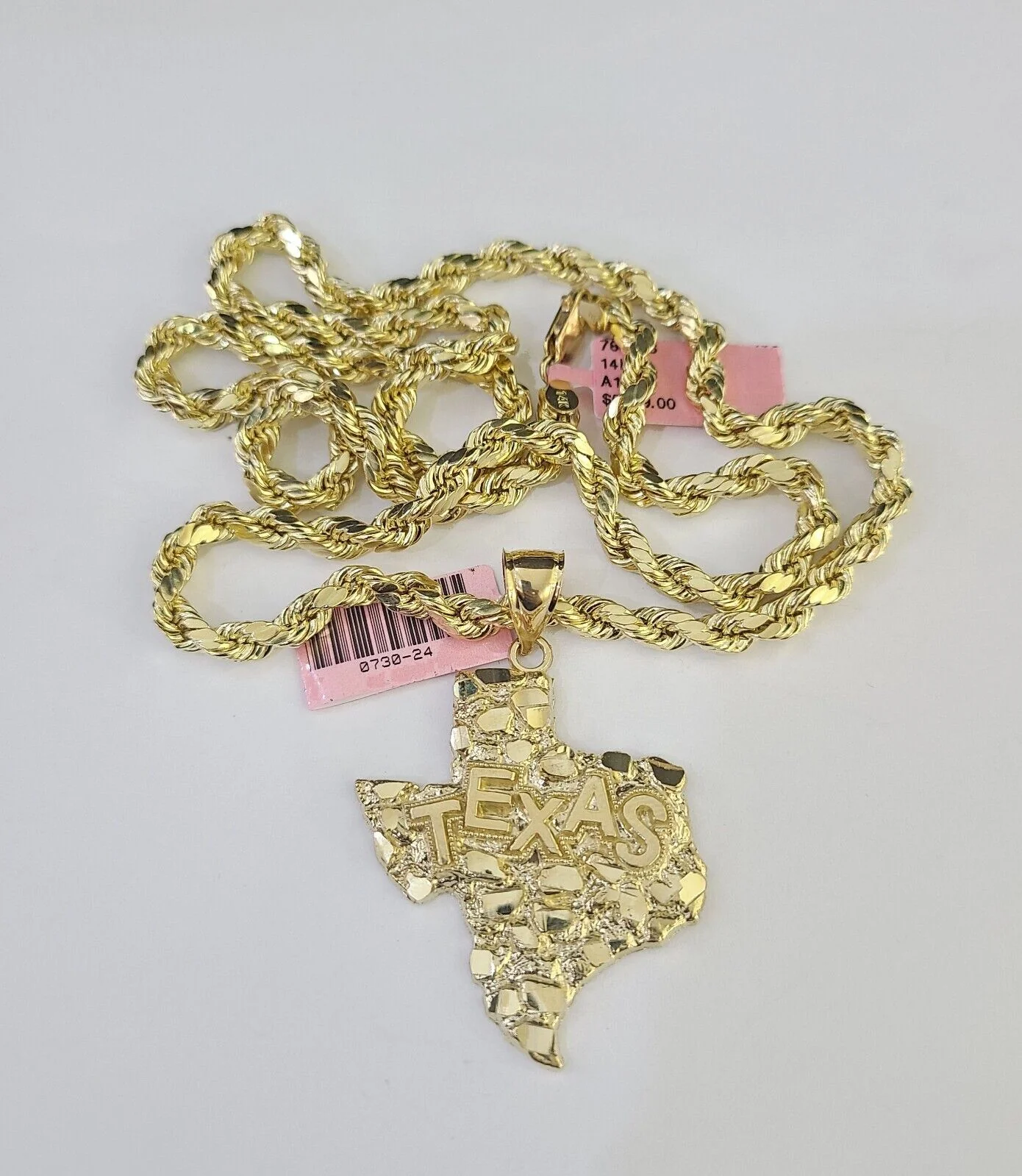 Real 14k Rope Chain Texas Map Charm Yellow Gold Set 5mm 20"-30" Necklace - Image 5