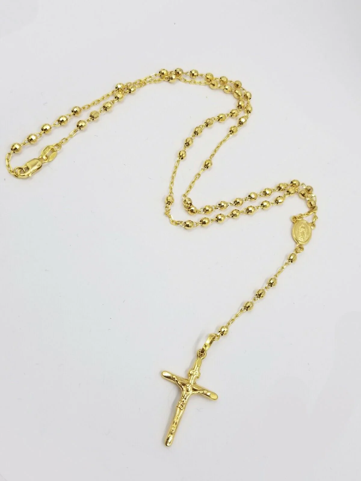 Real 14k Rosary Yellow Gold Diamond Cut Jesus Crucifix Necklace 21" Solid Chain - Image 3