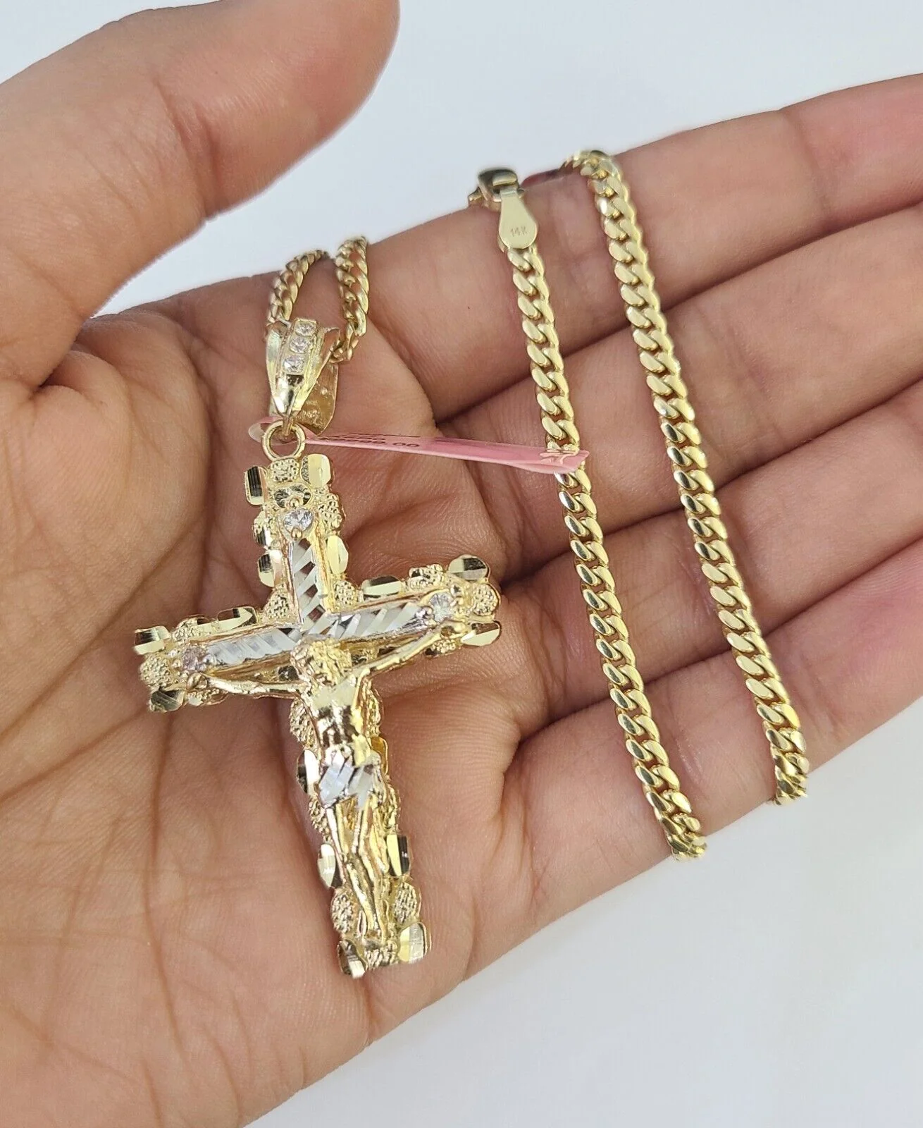 Real 14k Solid Chain Cross Charm Set Miami Cuban Link 3mm Necklace Pendant Gold - Image 6