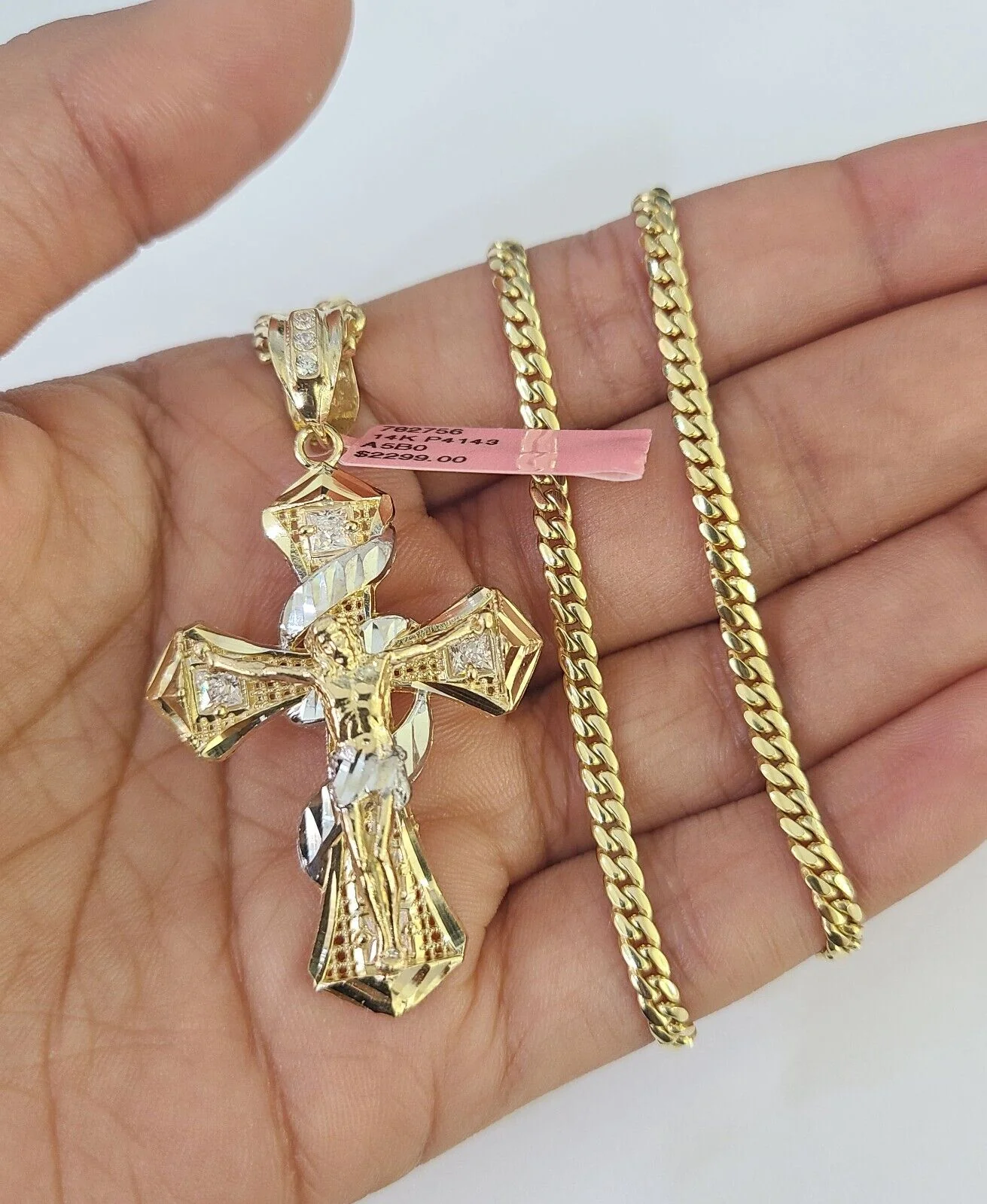 Real 14k Solid Chain Cross Charm Set Miami Cuban Link 3mm Necklace Pendant Gold - Image 5