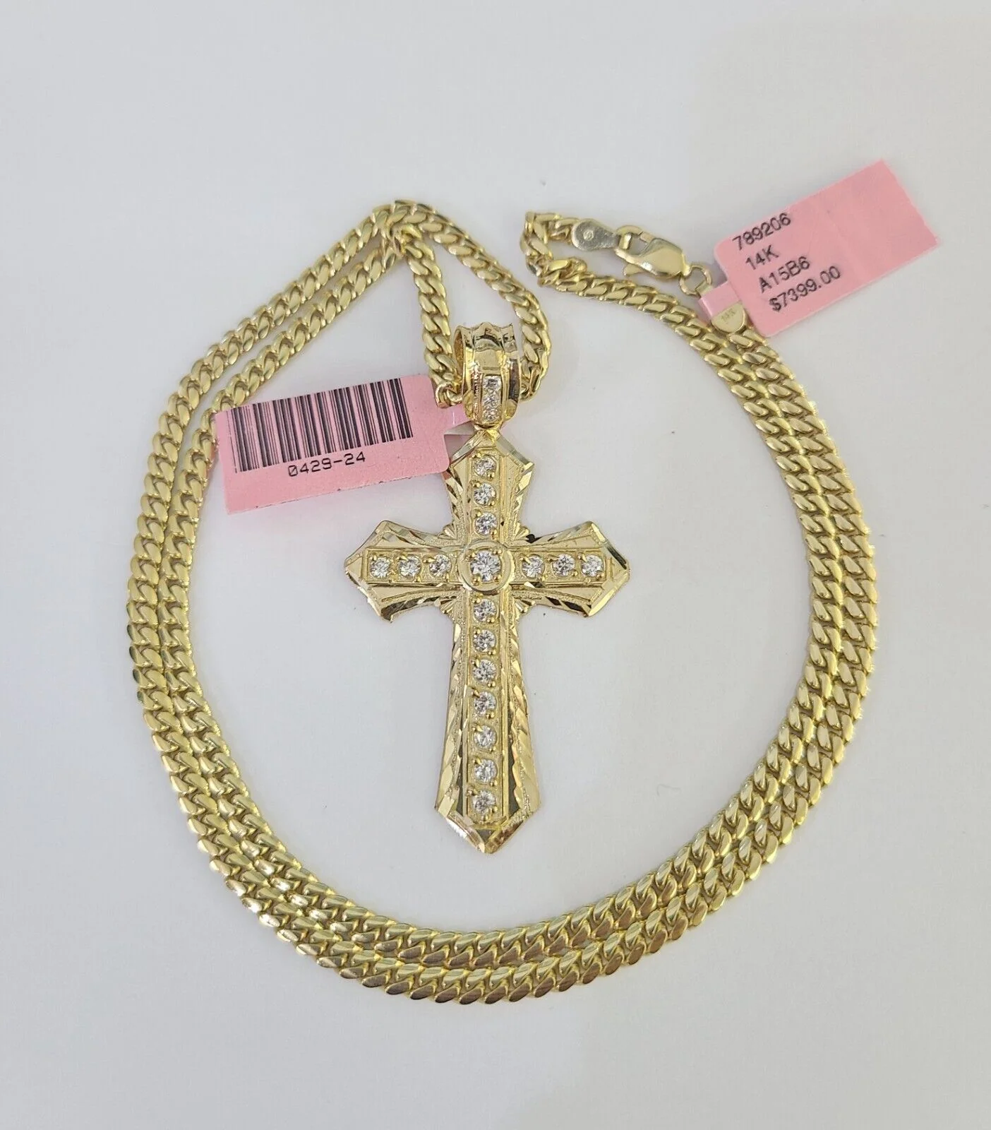 Real 14k Solid Chain Cross Charm Set Miami Cuban Link 3mm Necklace Pendant Gold - Image 3