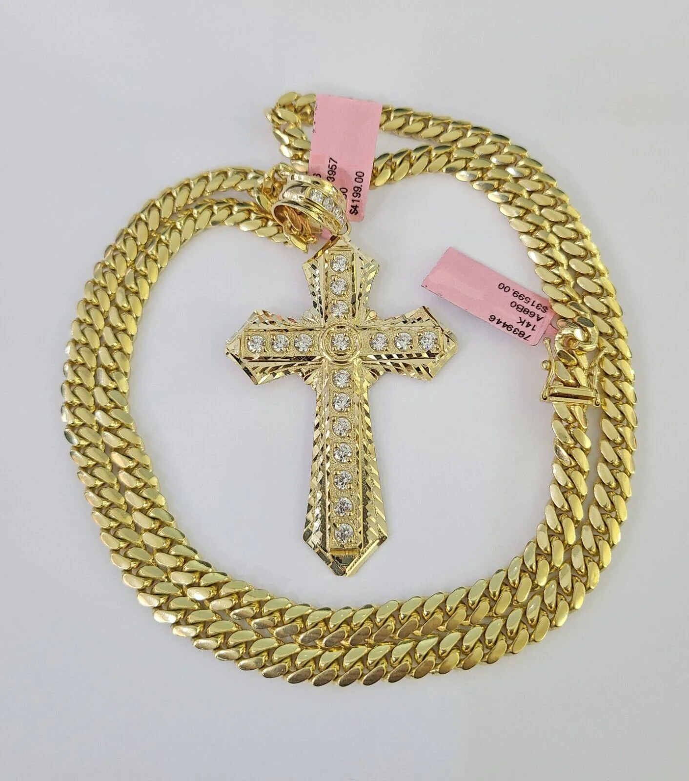 Real 14k Solid Chain Cross Charm Set Miami Cuban Link 6mm Necklace Pendant Gold - Image 2