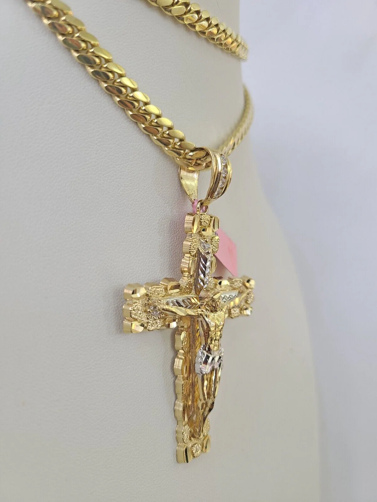 Real 14k Solid Chain Cross Charm Set Miami Cuban Link 6mm Necklace Pendant Gold - Image 2