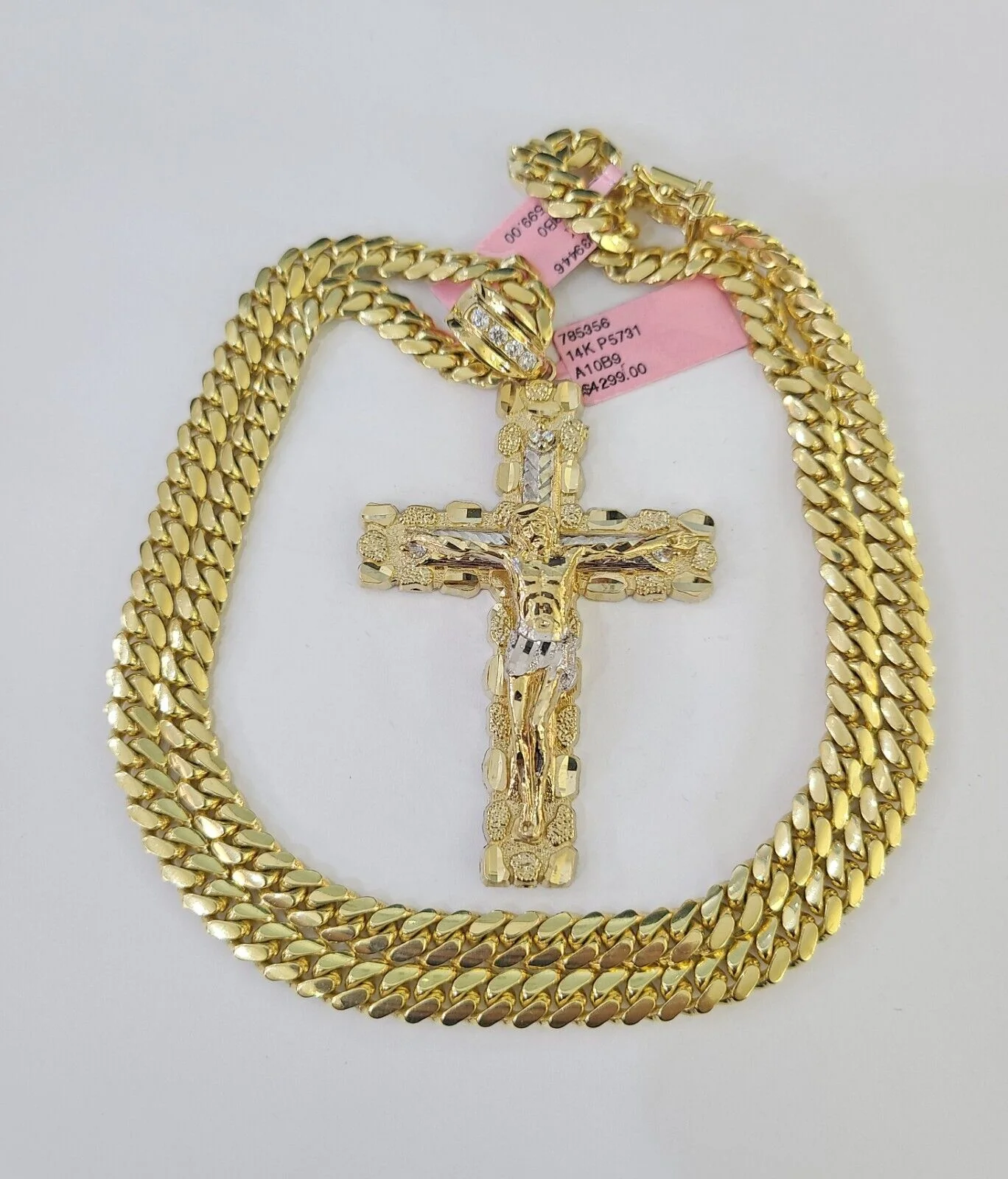 Real 14k Solid Chain Cross Charm Set Miami Cuban Link 6mm Necklace Pendant Gold - Image 3