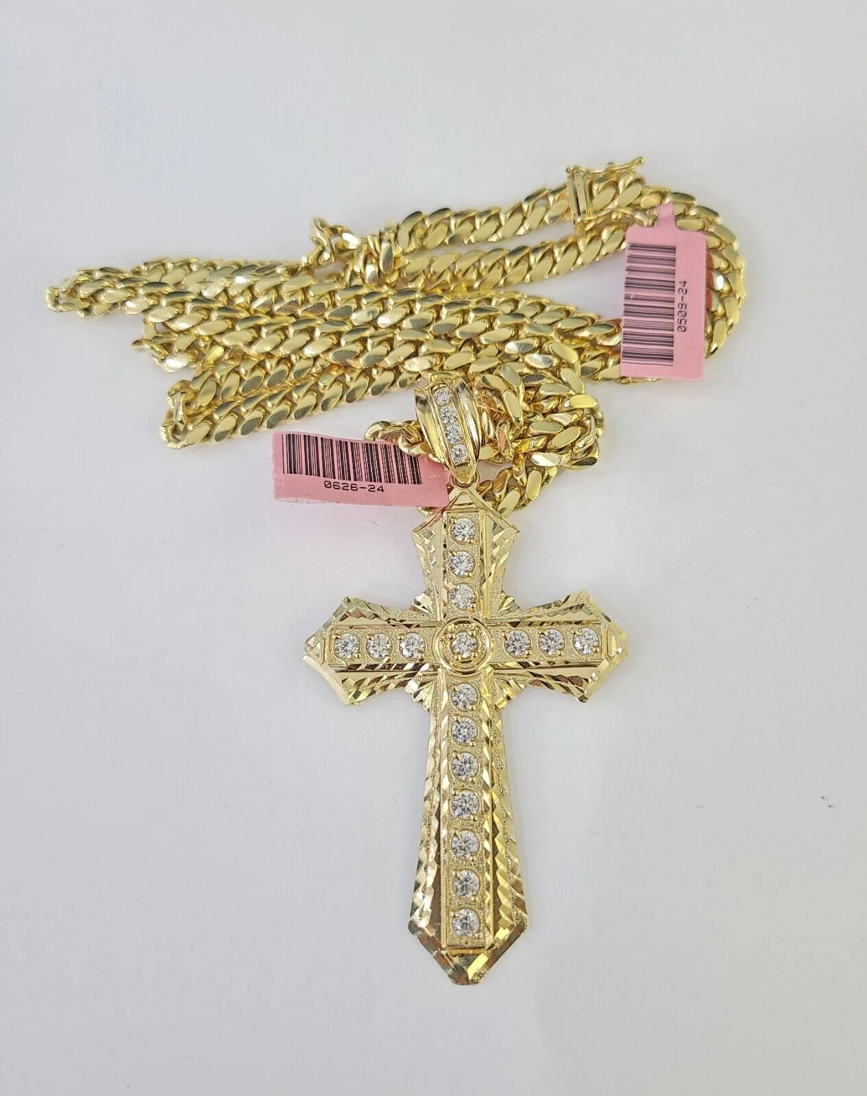 Real 14k Solid Chain Cross Charm Set Miami Cuban Link 6mm Necklace Pendant Gold - Image 5