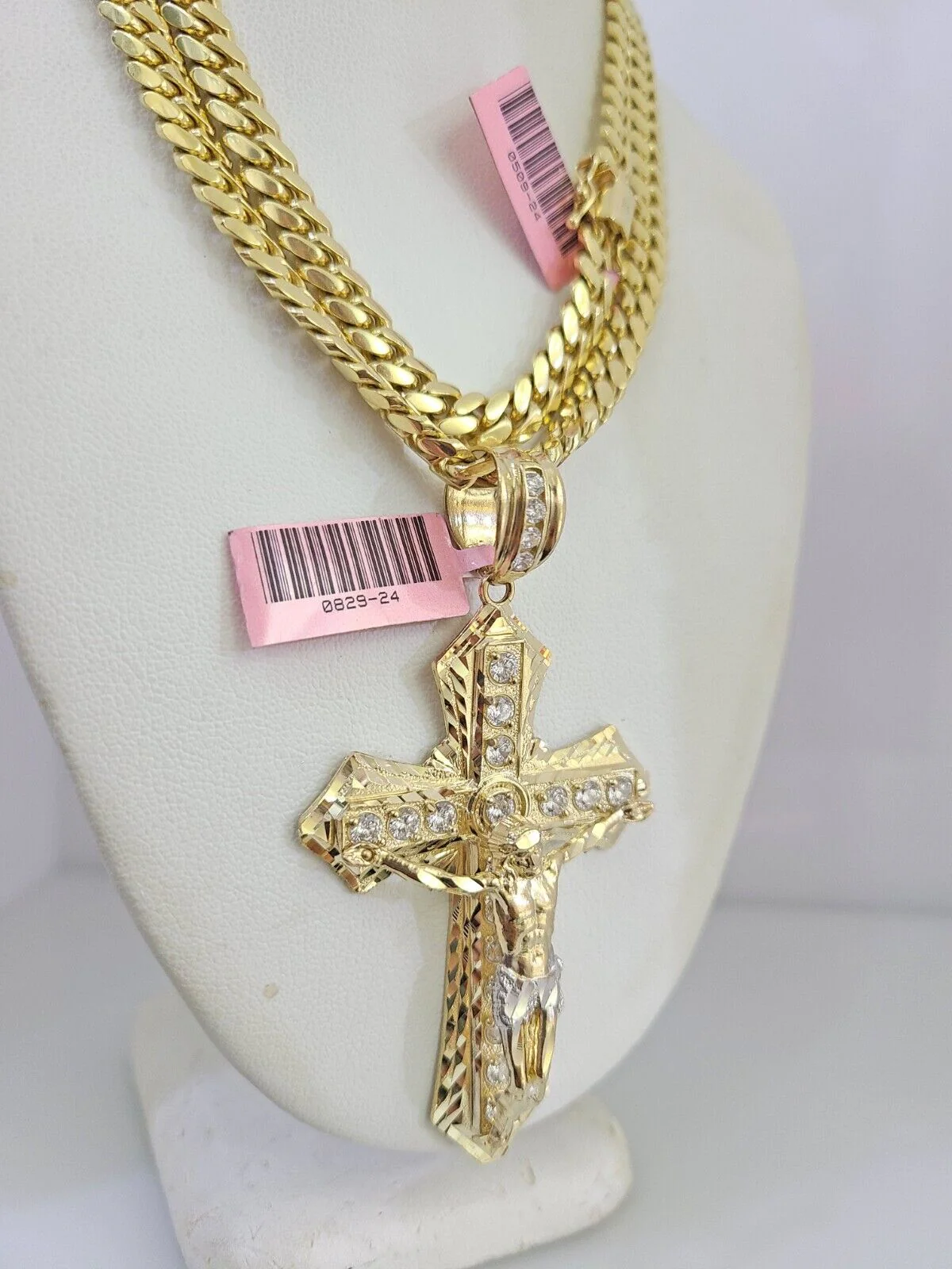 Real 14k Solid Chain Cross Charm Set Miami Cuban Link 6mm Necklace Pendant Gold - Image 5