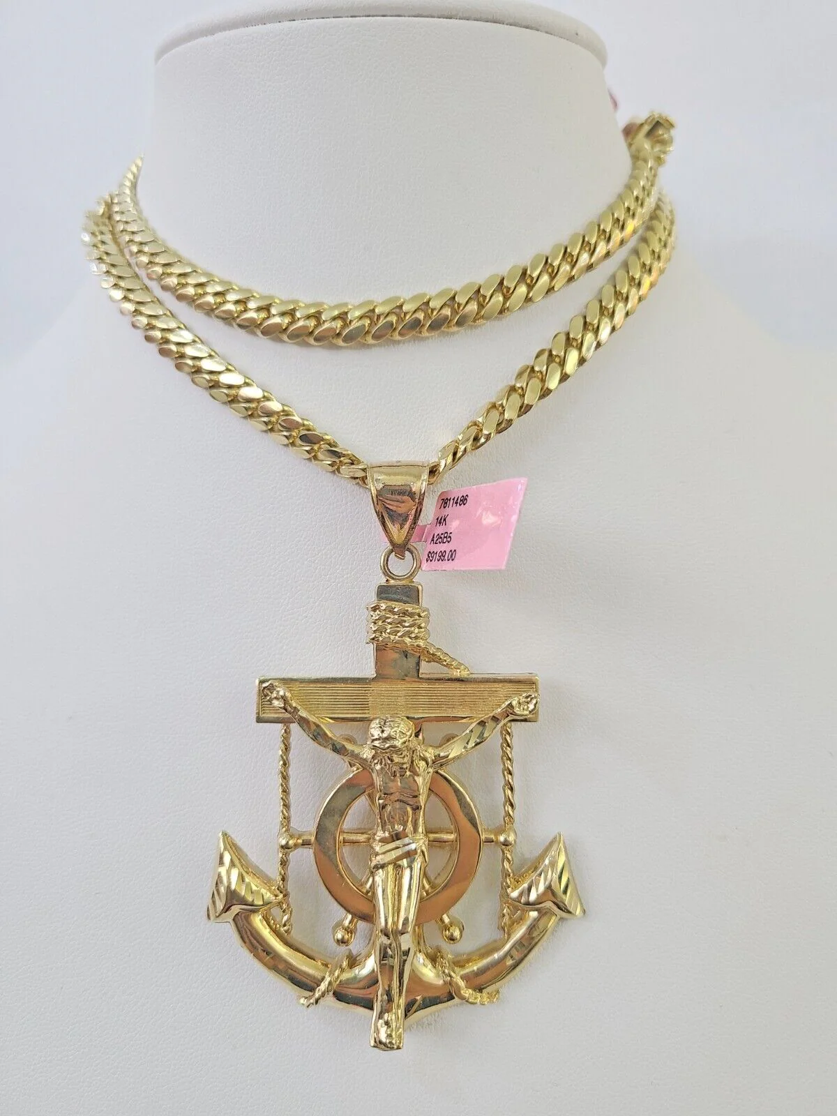 Real 14k Solid Chain Jesus Anchor Charm Set Miami Cuban 6mm Necklace Pendant - Image 5