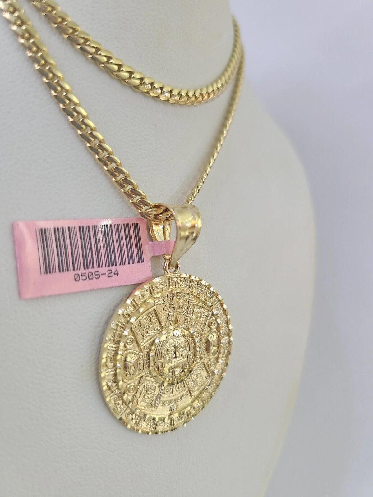 Real 14k Solid Chain Mayan Calendar Charm Set Miami Cuban 3mm Necklace Pendant - Image 6