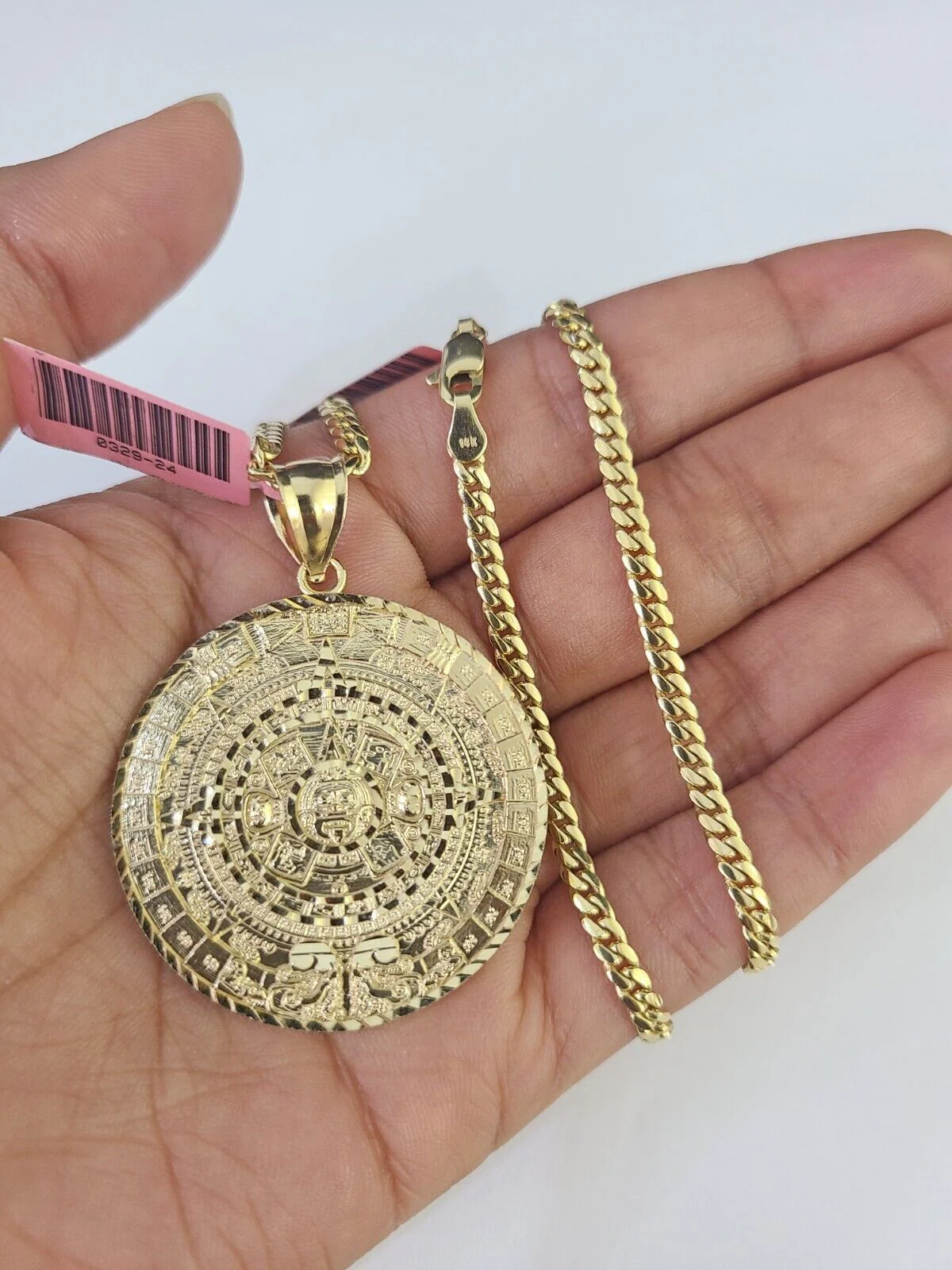 Real 14k Solid Chain Mayan Calendar Charm Set Miami Cuban 3mm Necklace Pendant - Image 6