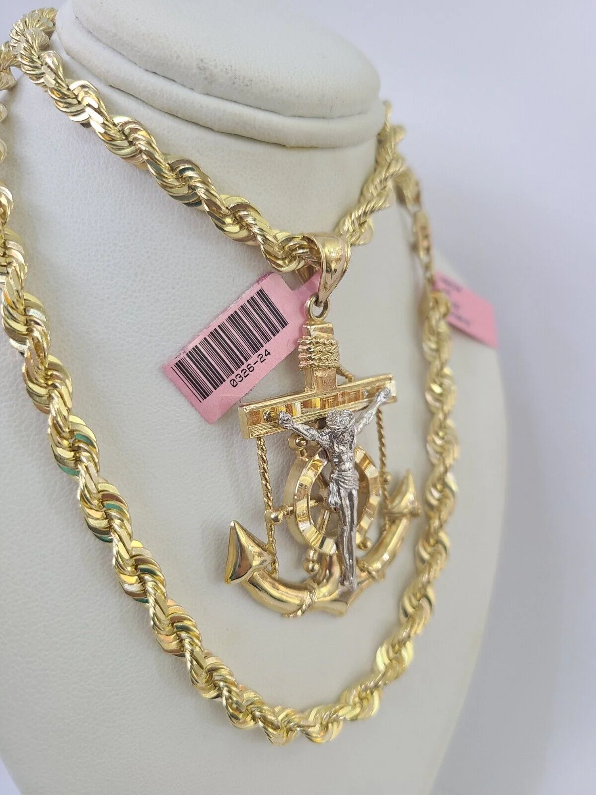 Real 14k Solid Rope Chain Jesus Anchor Charm Set 6mm 18"-30" Necklace Gold - Image 5