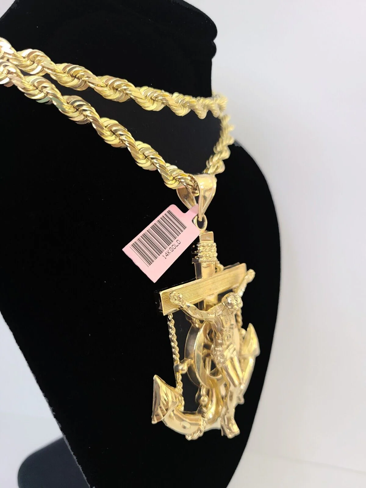 Real 14k Solid Rope Chain Jesus Anchor Charm Set 6mm 18"-30" Necklace Gold - Image 2