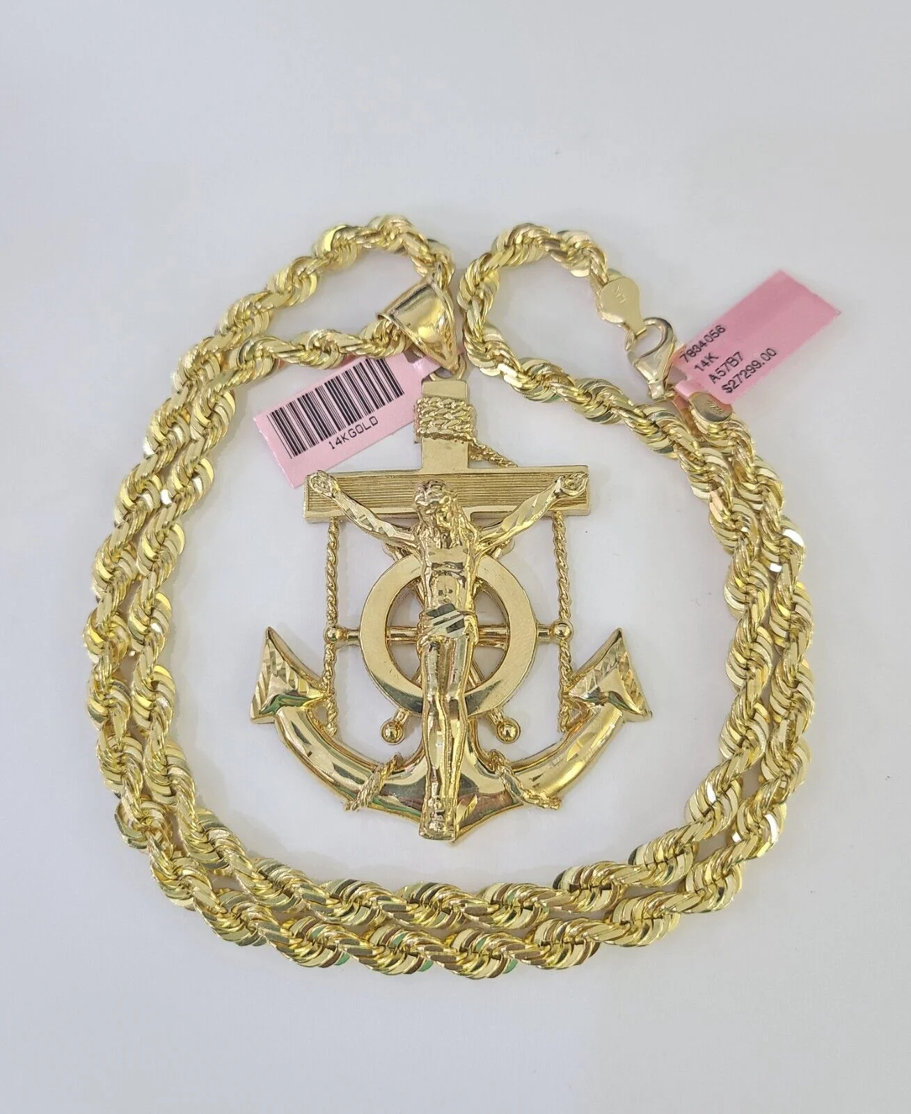 Real 14k Solid Rope Chain Jesus Anchor Charm Set 6mm 18"-30" Necklace Gold - Image 4