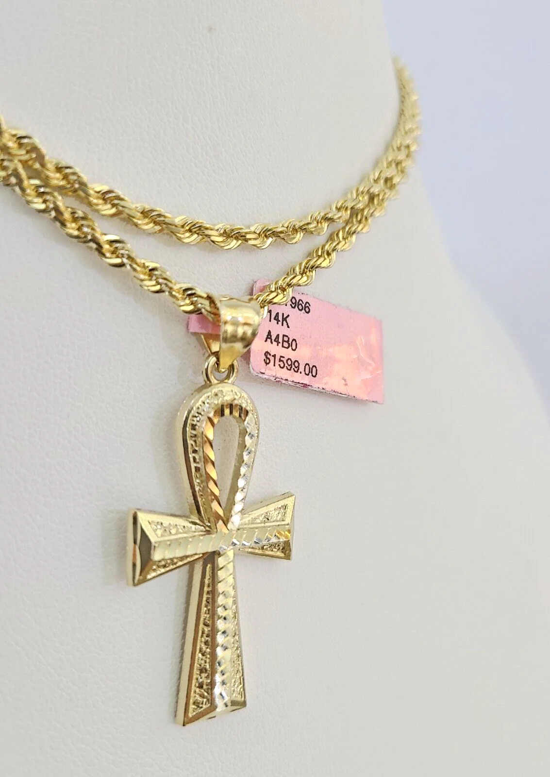 Real 14k Solid Rope Chain Jesus Ankh Cross Charm Set 3mm 18"-26" Necklace Gold - Image 7