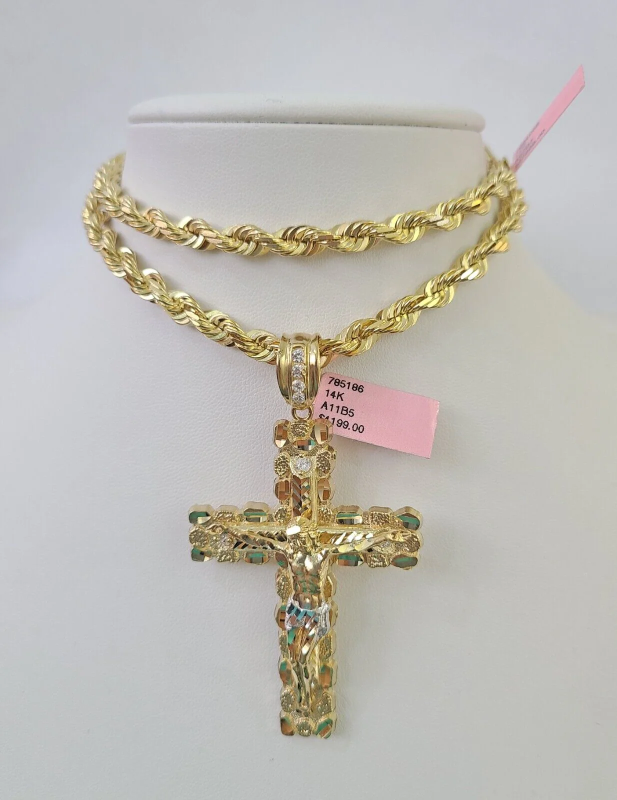 Real 14k Solid Rope Chain Jesus Cross Charm Set 6mm 18"-30" Necklace Gold