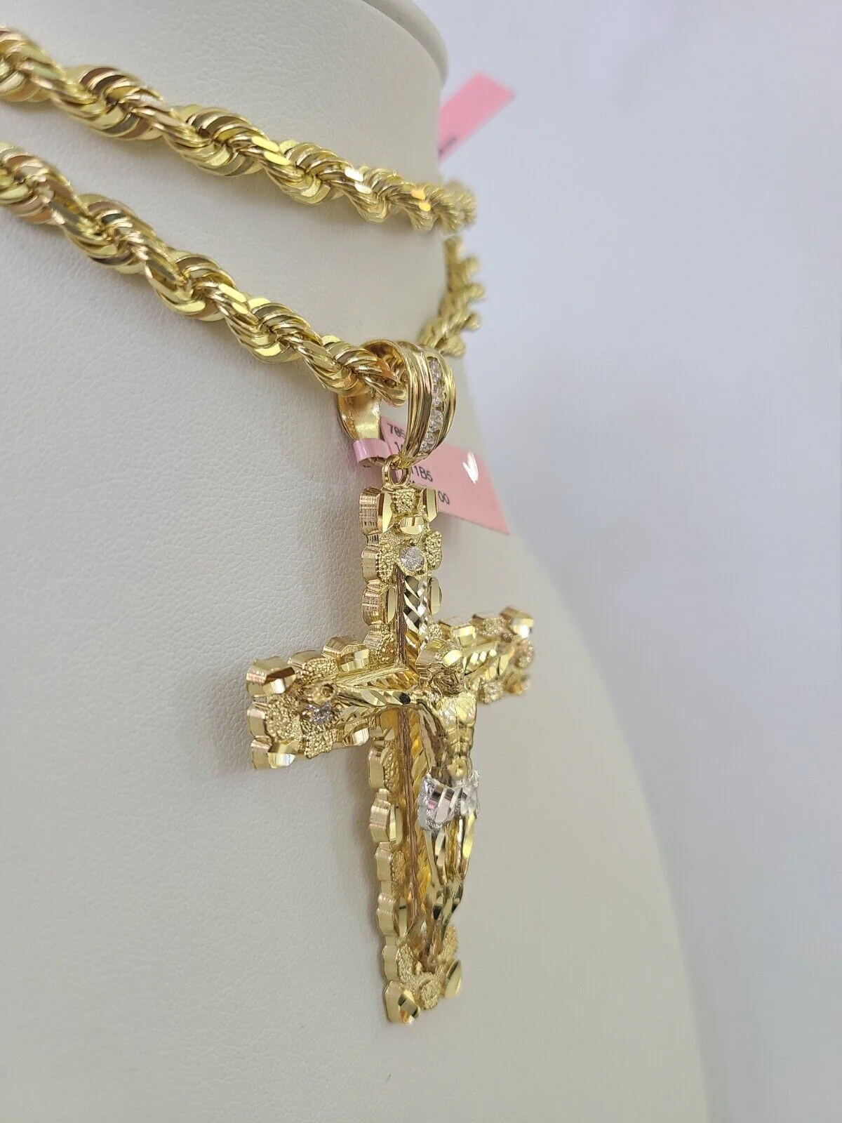 Real 14k Solid Rope Chain Jesus Cross Charm Set 6mm 18"-30" Necklace Gold - Image 2