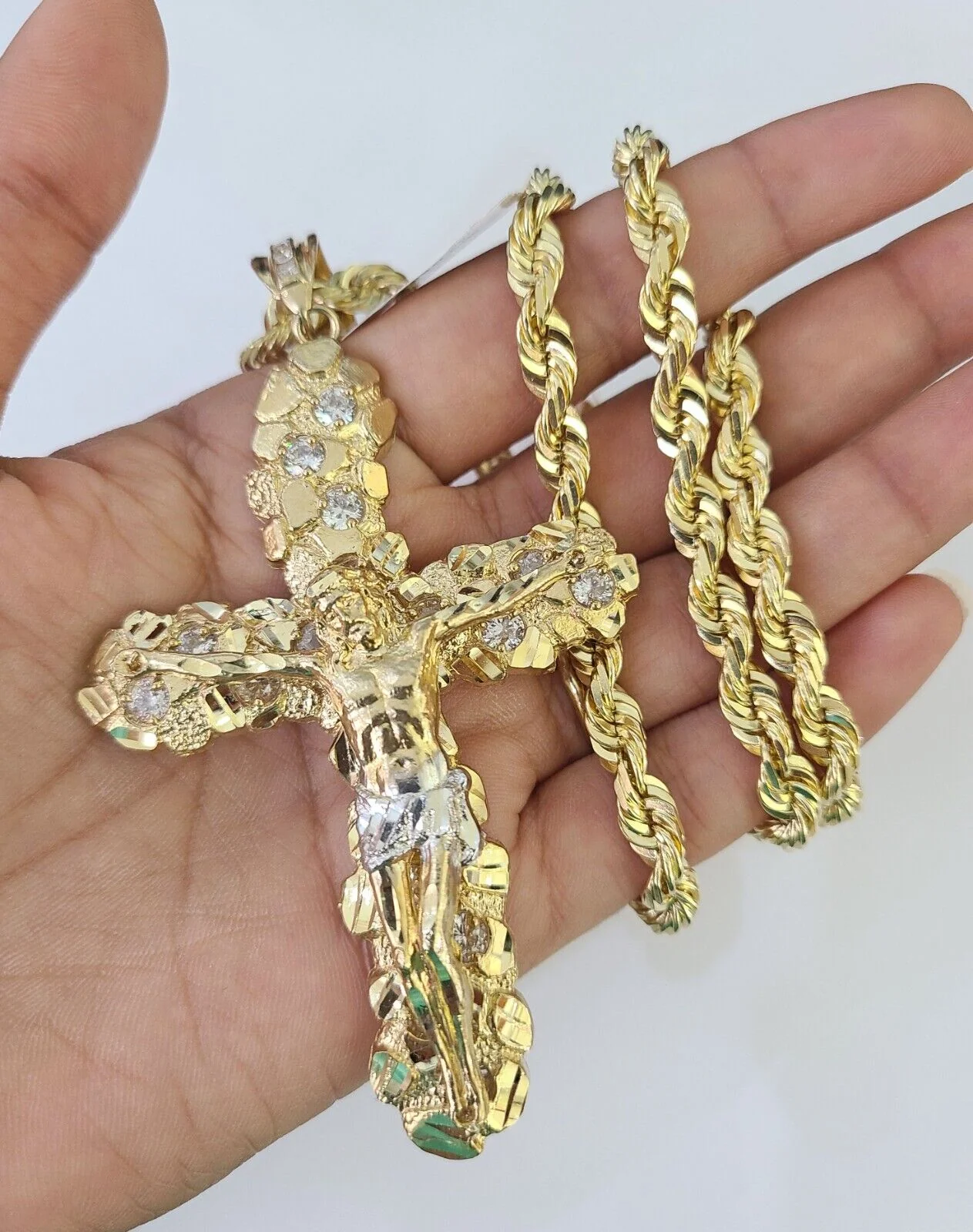 Real 14k Solid Rope Chain Jesus Cross Charm Set 6mm 18"-30" Necklace Gold - Image 5