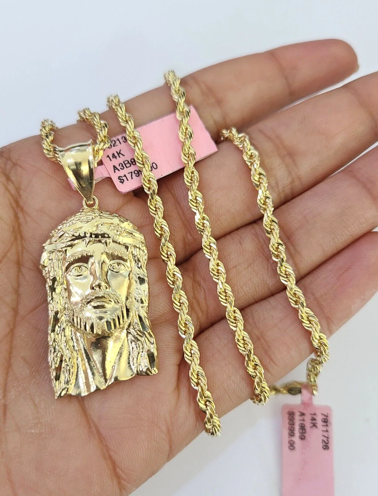 Real 14k Solid Rope Chain Jesus Head Charm Set 3mm 18"-26" Necklace Yellow Gold - Image 3