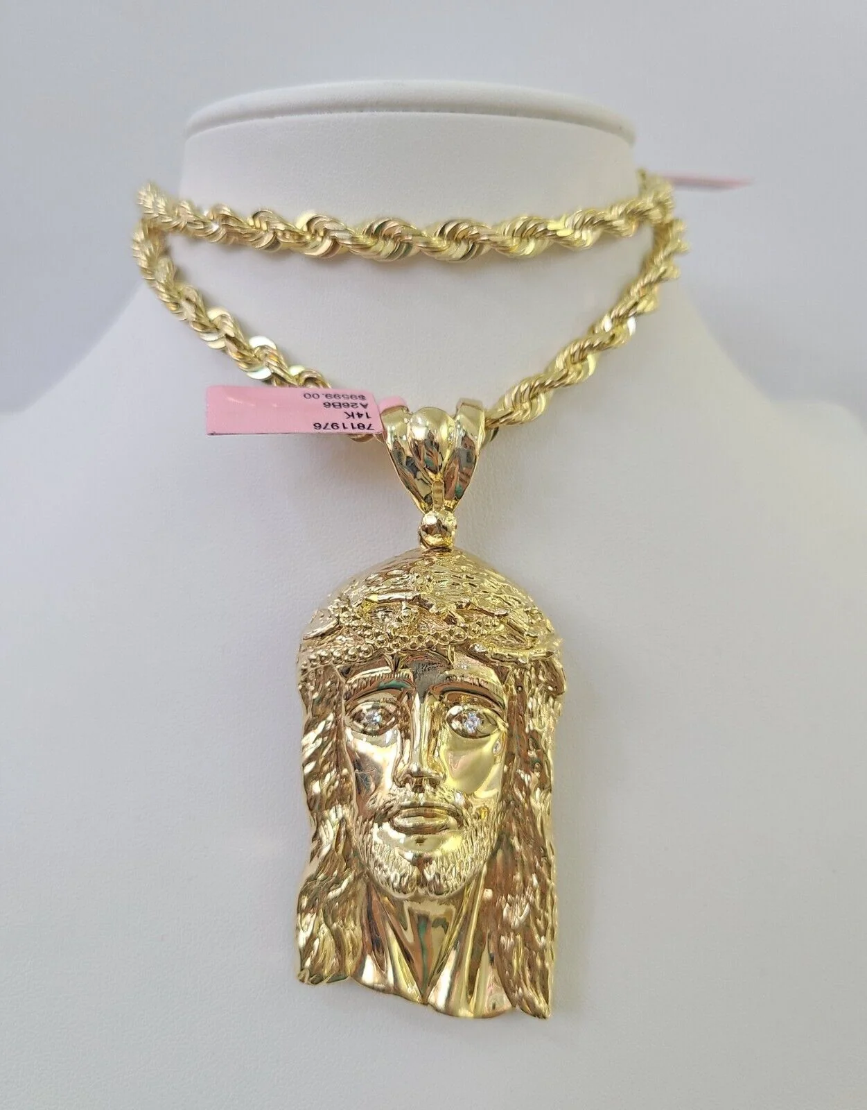 Real 14k Solid Rope Chain Jesus Head Charm Set 6mm 18"-30" Necklace Gold