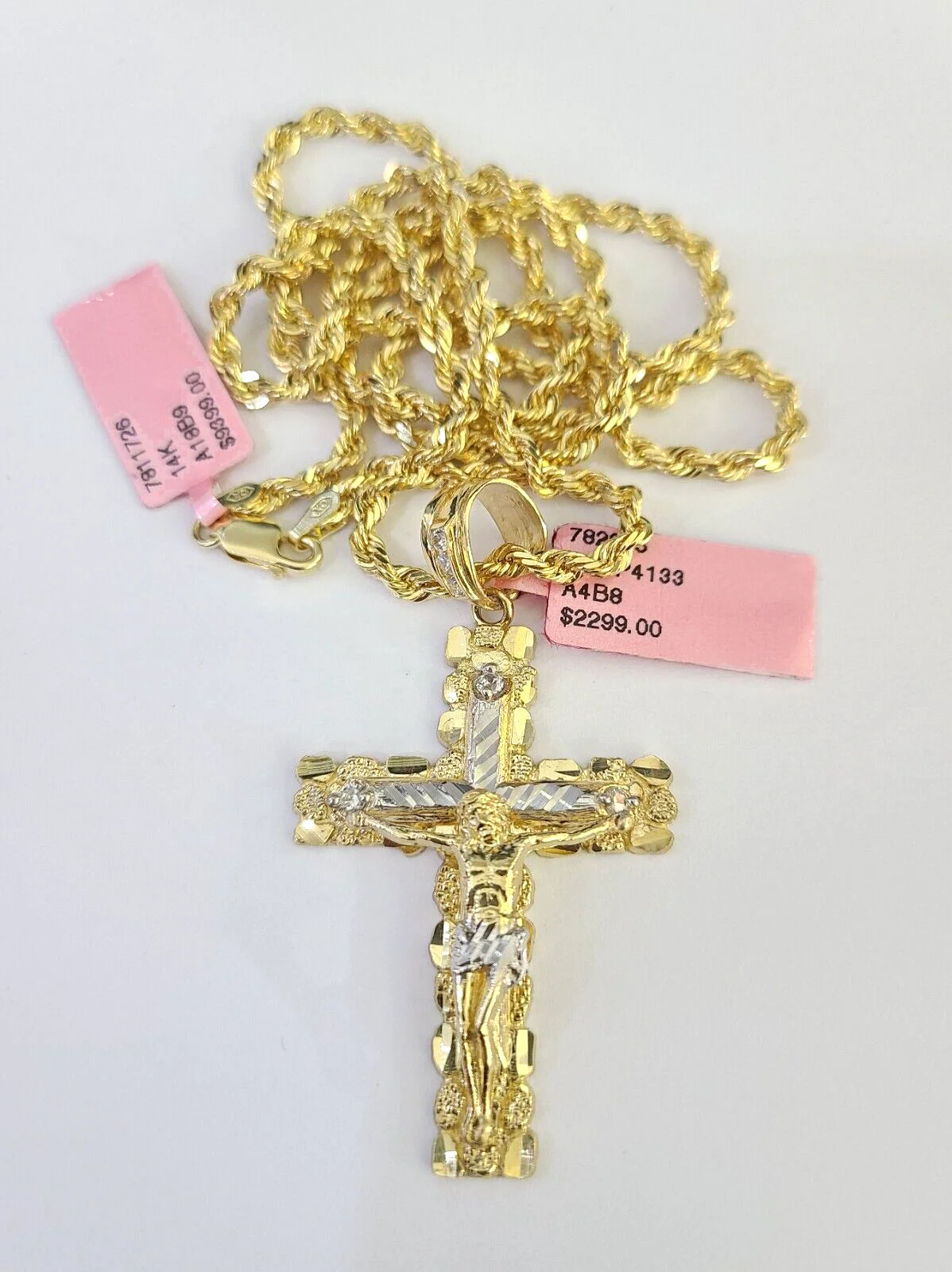 Real 14k Solid Rope Chain Jesus Nugget Cross Charm Set 3mm 18"-26" Necklace Gold - Image 5