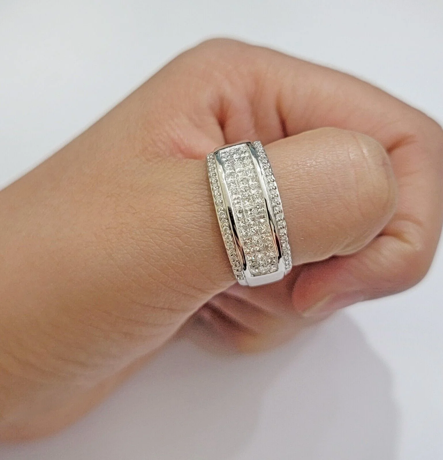 Real 14k White Diamond Ring Mens Band 0.97 Ct Princess Cut Wedding Engagement