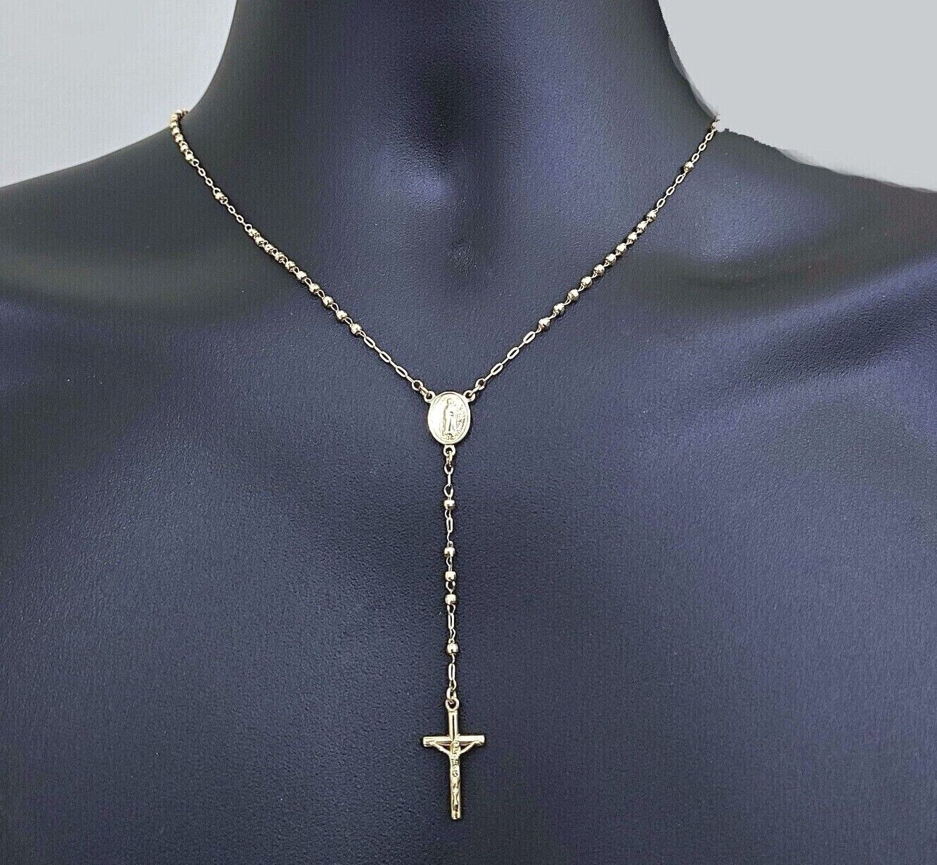 Real 14k Yellow Gold 2mm Rosary Chain 18" inch Necklace And Jesus cross Pendant - Image 2