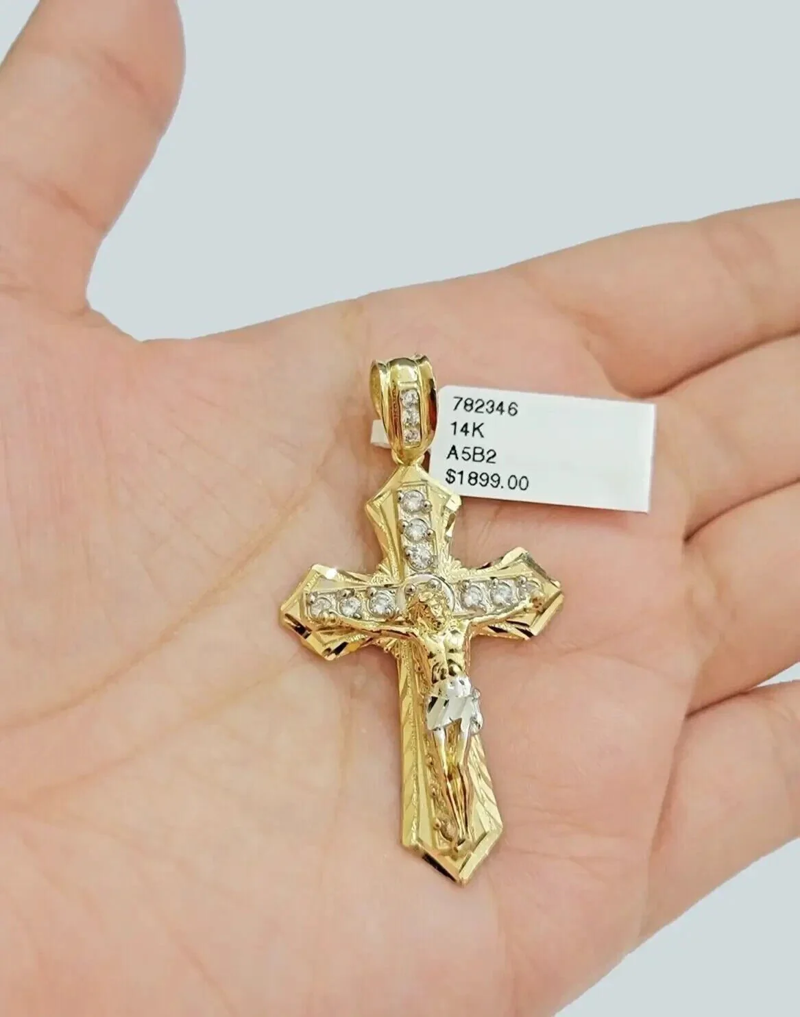 Real 14k Yellow Gold Cross Charm Pendant 14kt Jesus Crucifix With Stone For Mens - Image 2