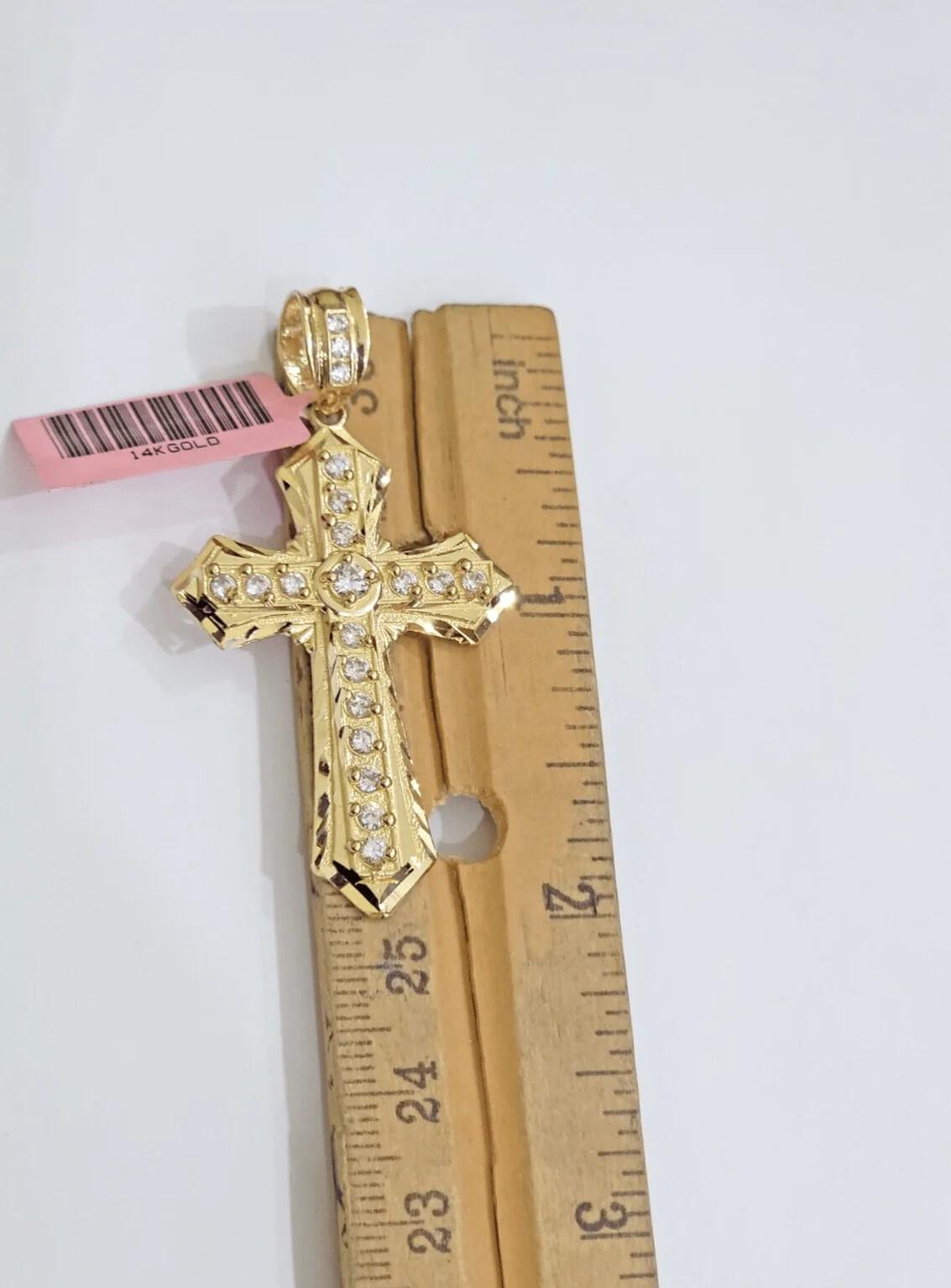 Real 14k Yellow Gold Cross Charm Pendant 2 Inch Diamond Cuts CZ Charm For Chains - Image 6