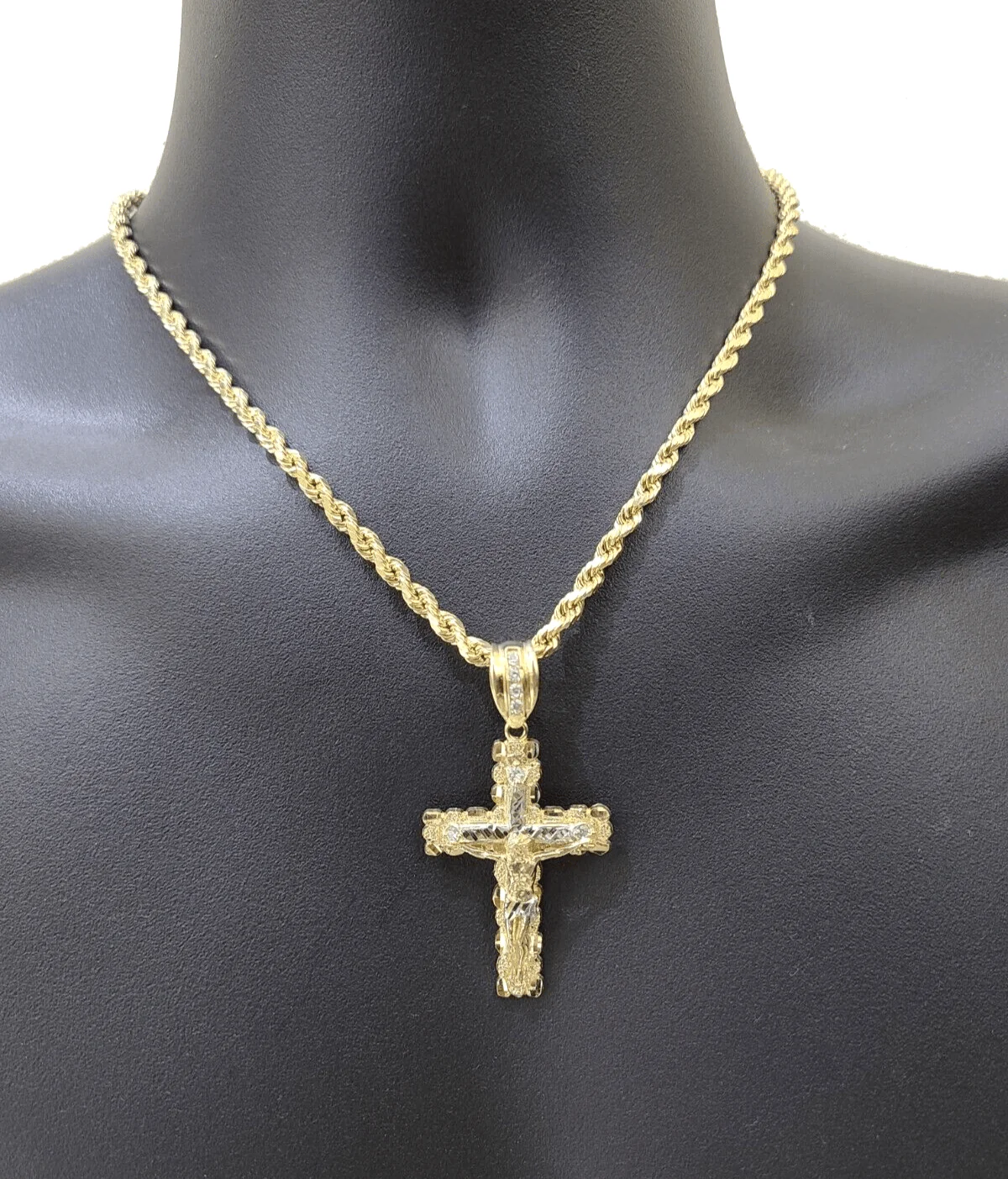 Real 14k Yellow Gold Cross Charm Rope Chain 4mm 22'' Necklace Pendant 14kt Jesus - Image 4