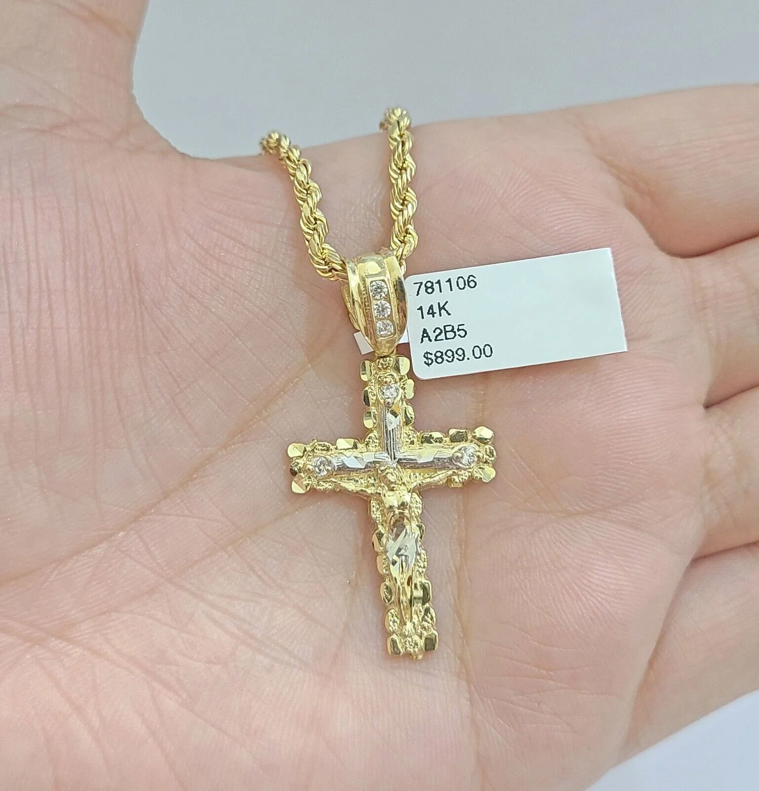 Real 14k Yellow Gold Rope Chain 24'' Necklace Jesus Crucifix Cross Charm Pendant - Image 4