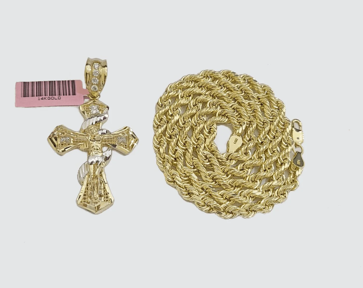 Real 14k Yellow Gold Rope Chain 5mm 18'' Necklace Jesus Cross Charm Pendant 14kt - Image 9