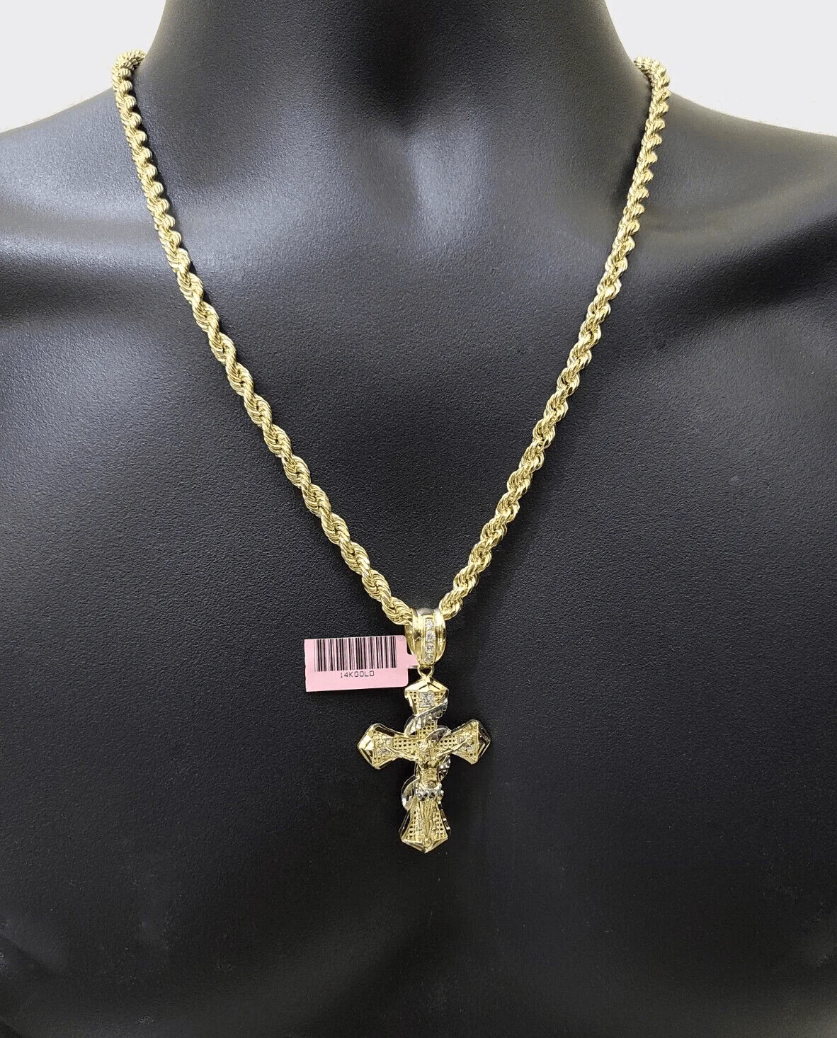 Real 14k Yellow Gold Rope Chain 5mm 20'' Necklace Jesus Cross Charm Pendant 14kt - Image 9