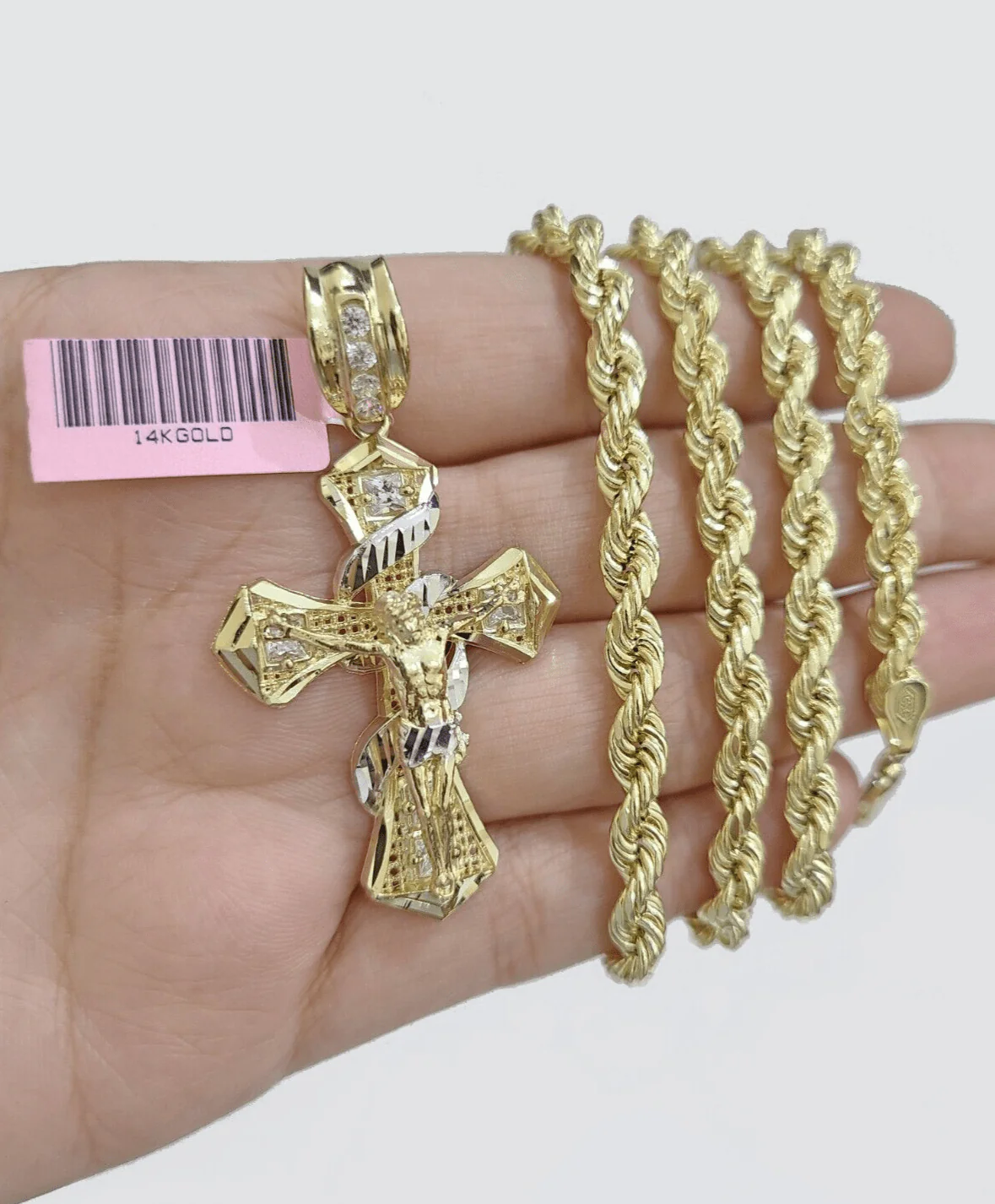 Real 14k Yellow Gold Rope Chain 5mm 24'' Necklace Jesus Cross Charm Pendant 14kt - Image 10