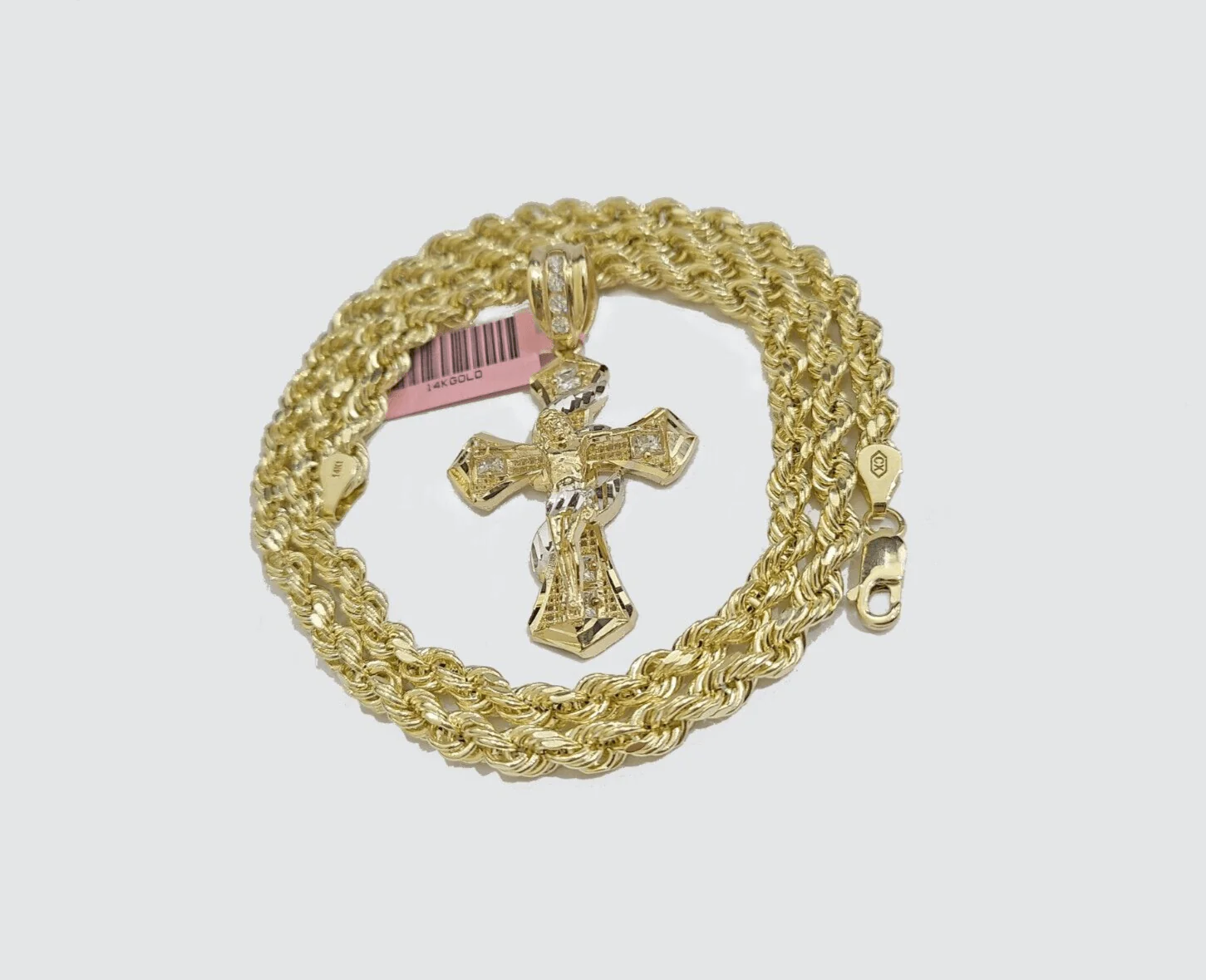 Real 14k Yellow Gold Rope Chain 5mm 24'' Necklace Jesus Cross Charm Pendant 14kt - Image 11
