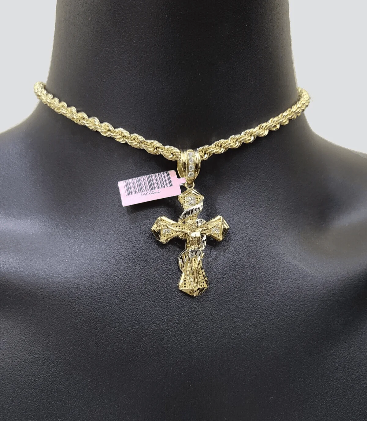 Real 14k Yellow Gold Rope Chain 5mm 24'' Necklace Jesus Cross Charm Pendant 14kt - Image 9
