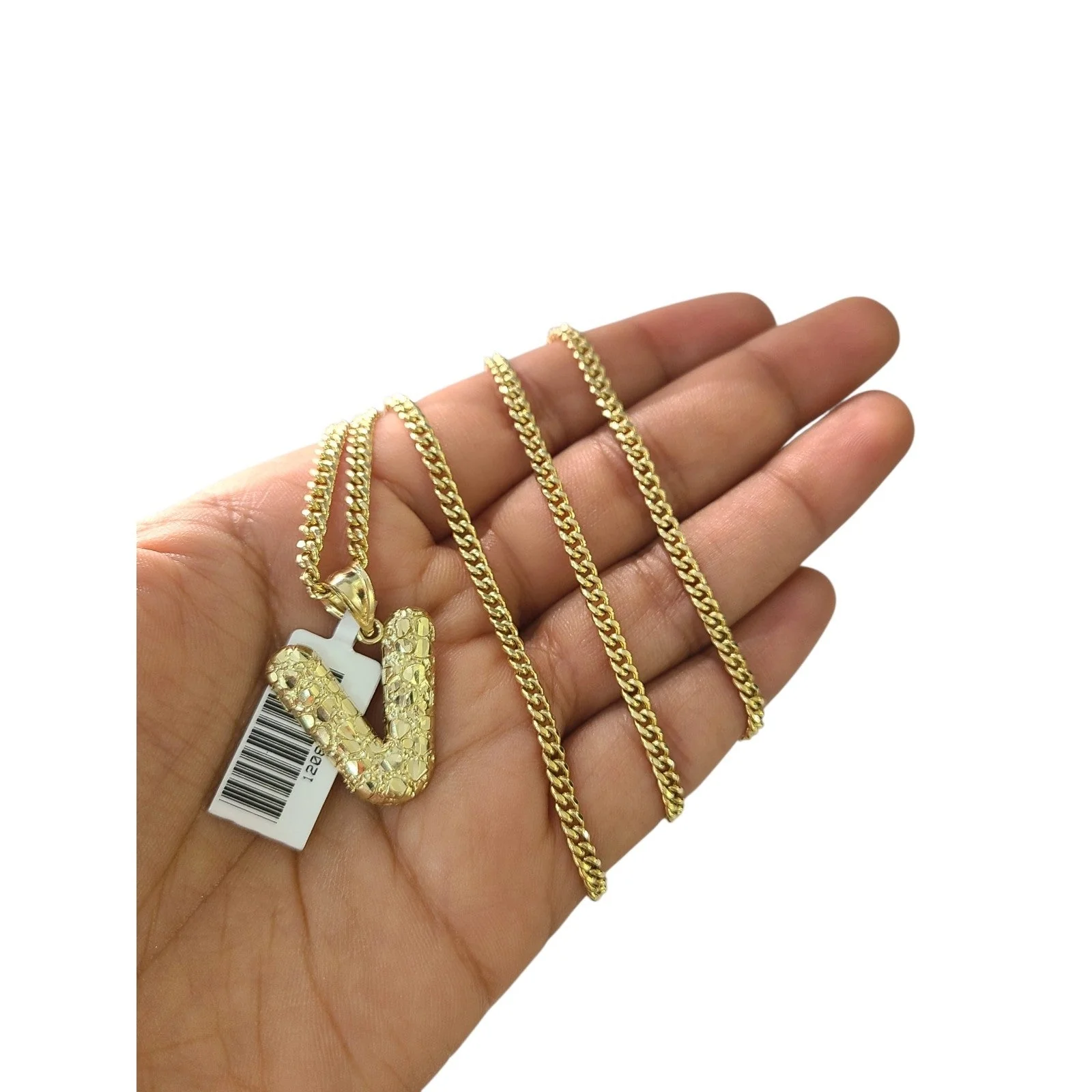 Real Gold 10k Chain Miami Cuban Link 2.5mm V Initial Charm Necklace Pendant SET