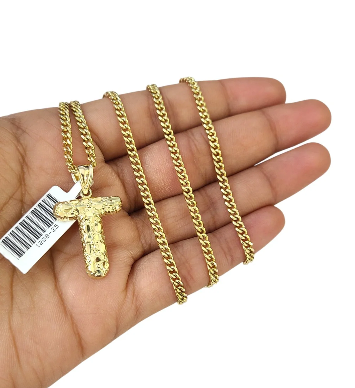 Real Gold 10k Chain Miami Cuban Link Necklace 2.5mm T Initial Charm Pendant SET