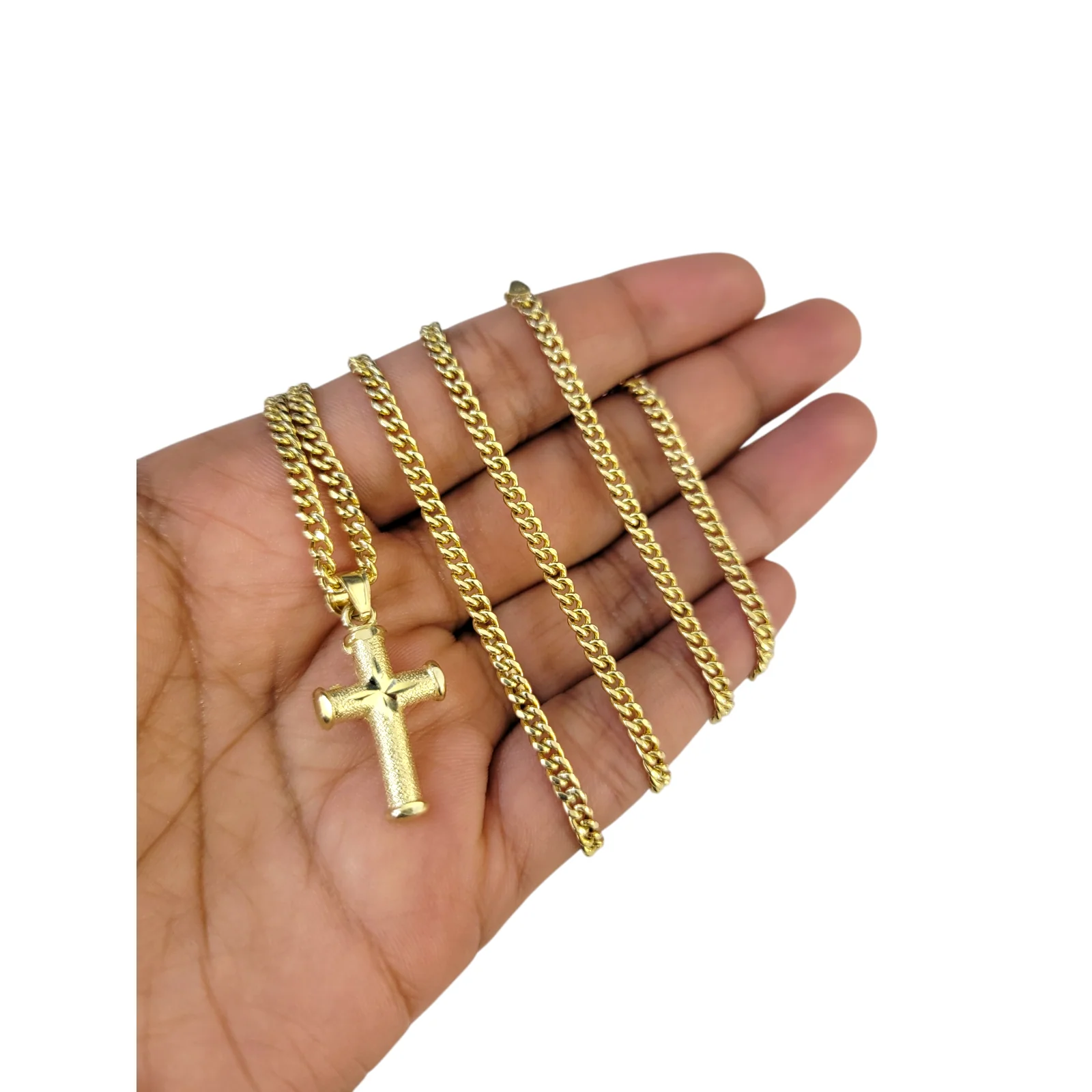 Real Gold 10k Chain Pendant SET Cross Charm Miami Cuban Link Necklace 2.5mm - Image 3