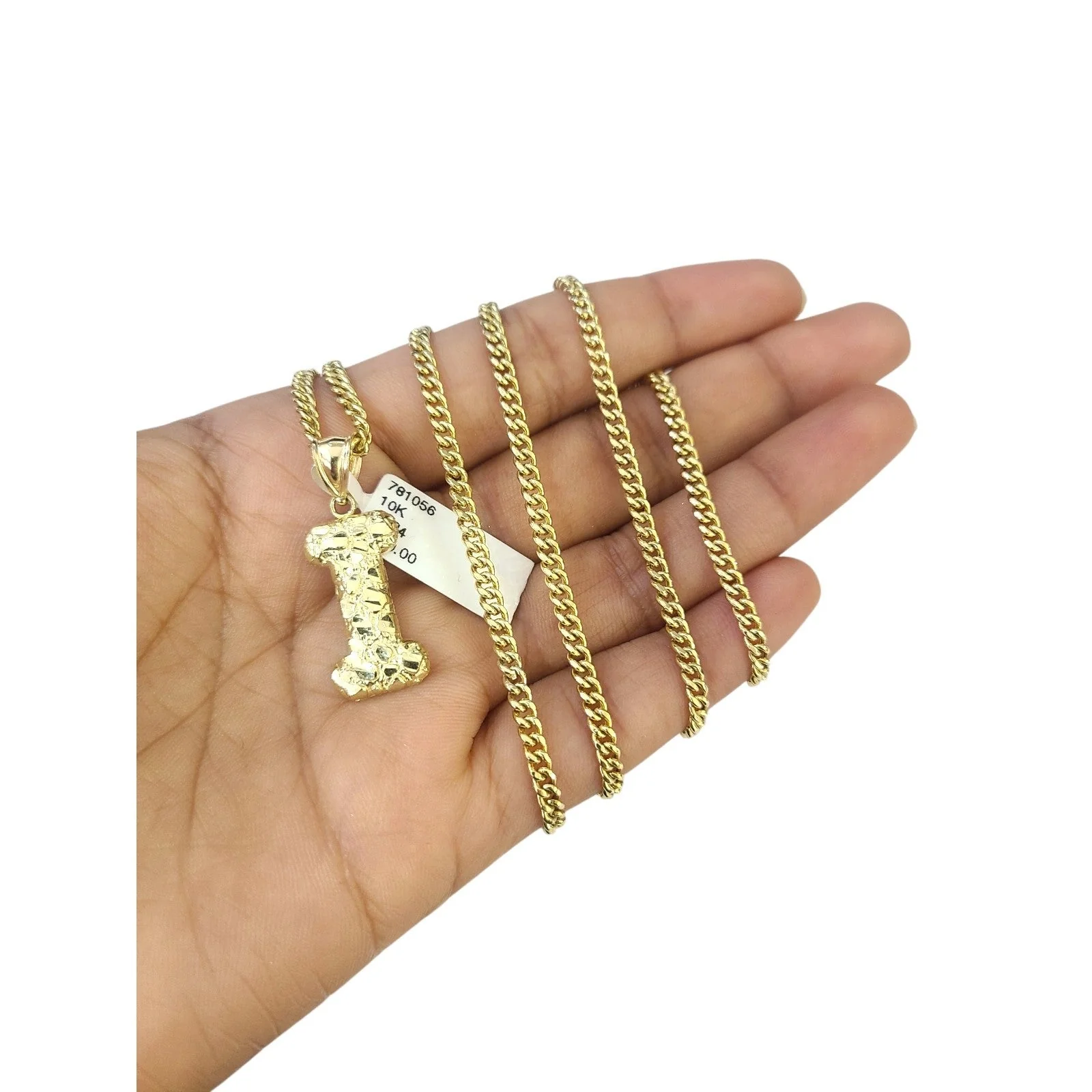 Real Gold 10k Chain Pendant SET I Initial Charm Miami Cuban Link Necklace 2.5mm