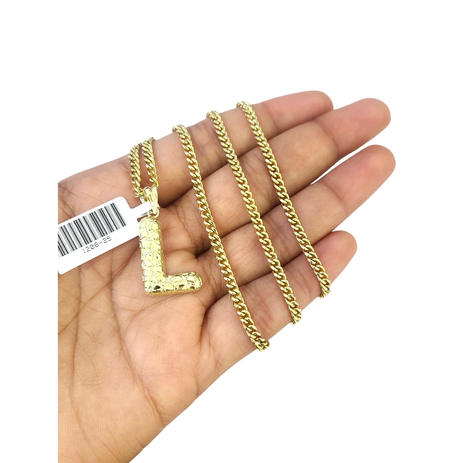 Real Gold 10k Chain Pendant SET L Initial Charm Miami Cuban Link Necklace 2.5mm