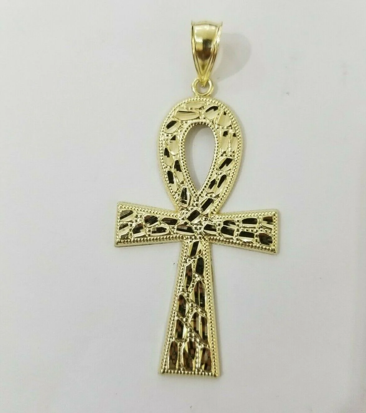 Real Gold Ankh Cross Charm Pendant 10k Yellow Gold Nugget Diamond Cuts Men Women - Image 10