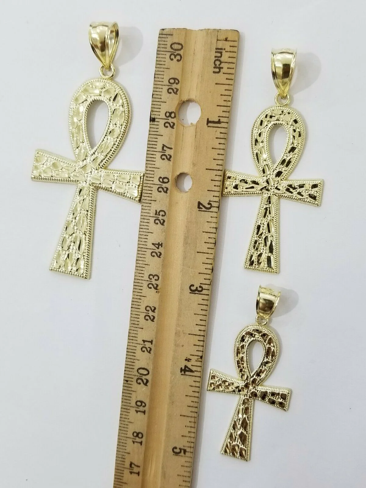 Real Gold Ankh Cross Charm Pendant 10k Yellow Gold Nugget Diamond Cuts Men Women - Image 4