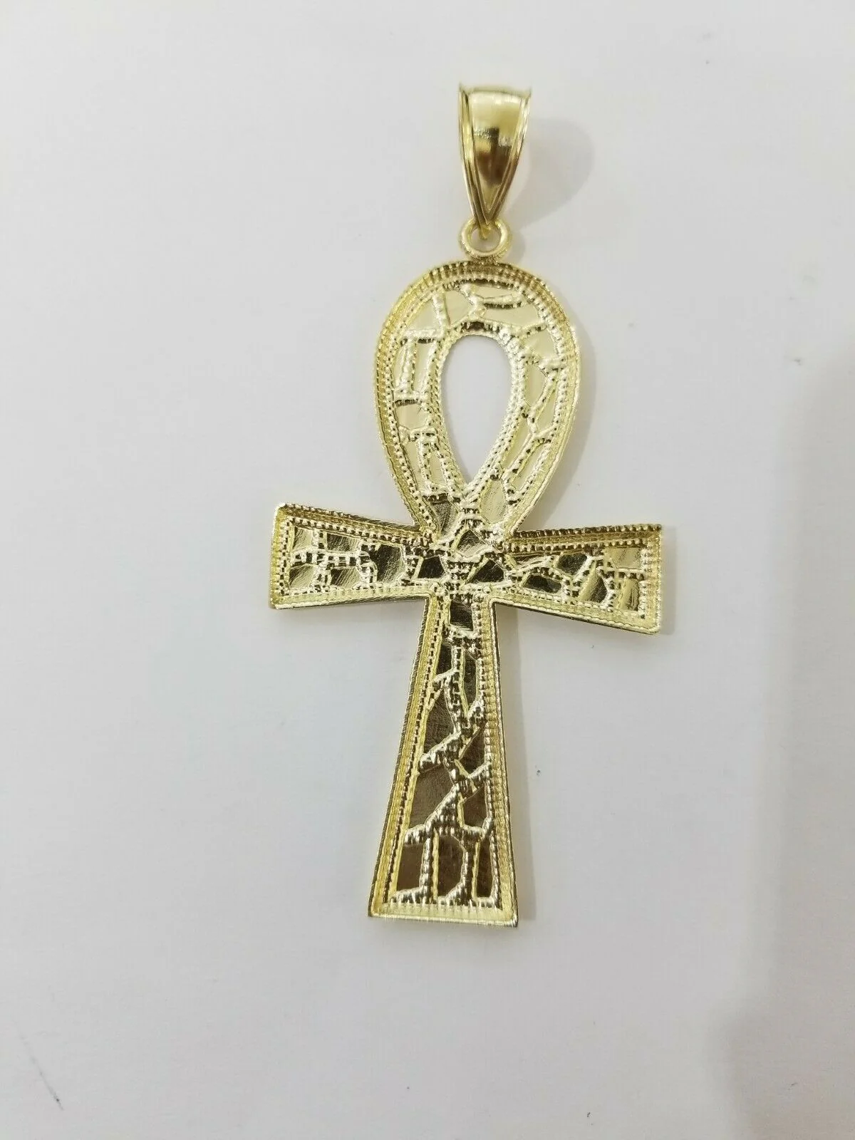 Real Gold Ankh Cross Charm Pendant 10k Yellow Gold Nugget Diamond Cuts Men Women - Image 9