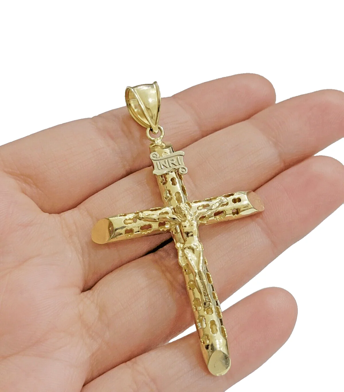 Real Gold Cross Charm Jesus christ pendant INRI crucifix 10k Yellow oro 2.4 Inch